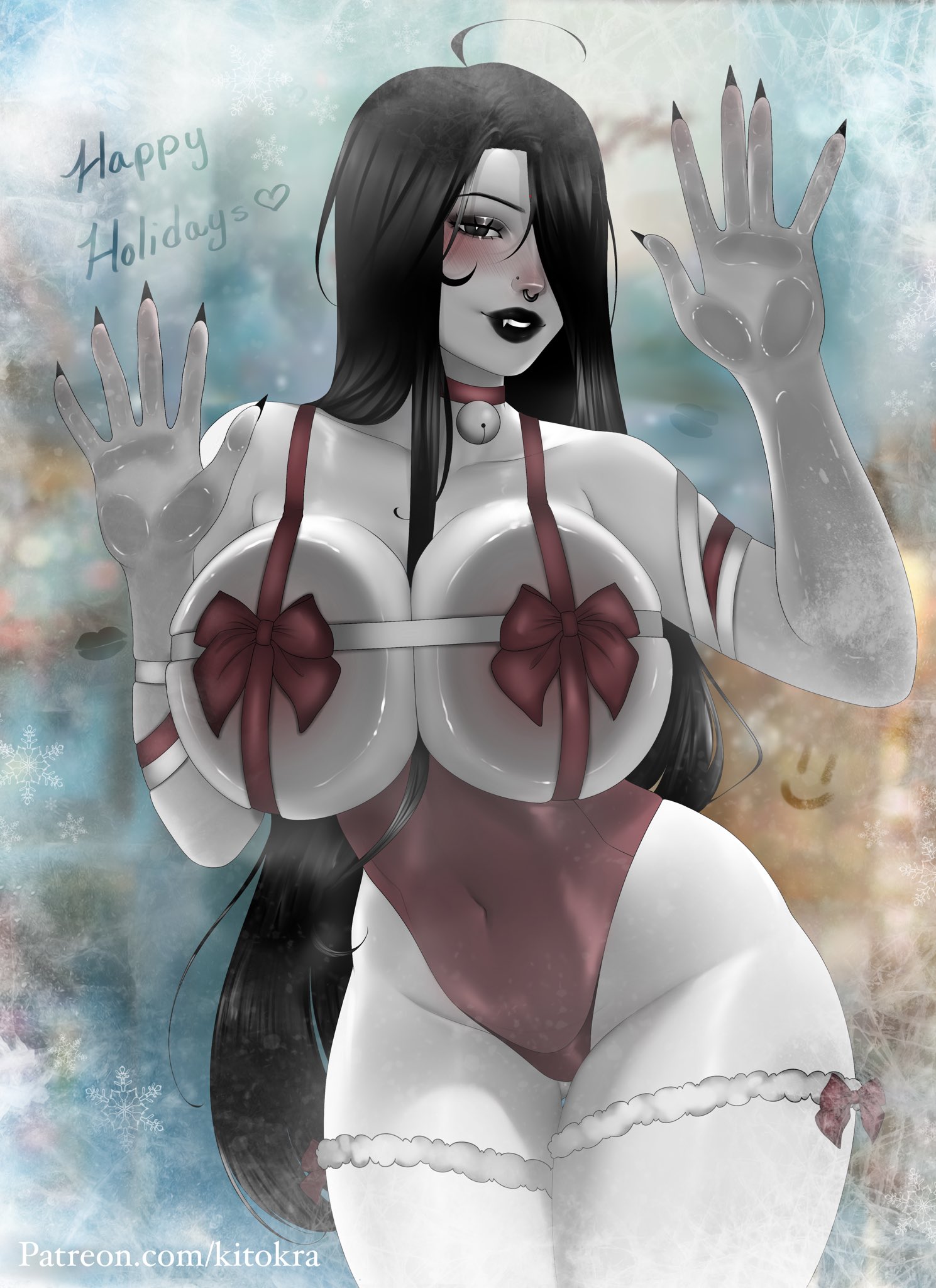 1girls, against glass, against surface, artist name, big breasts, black hair, breast press, breasts, covered nipples, female, female only, hair over one eye, kit (kitokra), kitokra (artist), long hair, nose piercing, pale skin, pale-skinned female, piercing, septum piercing, septum ring, solo