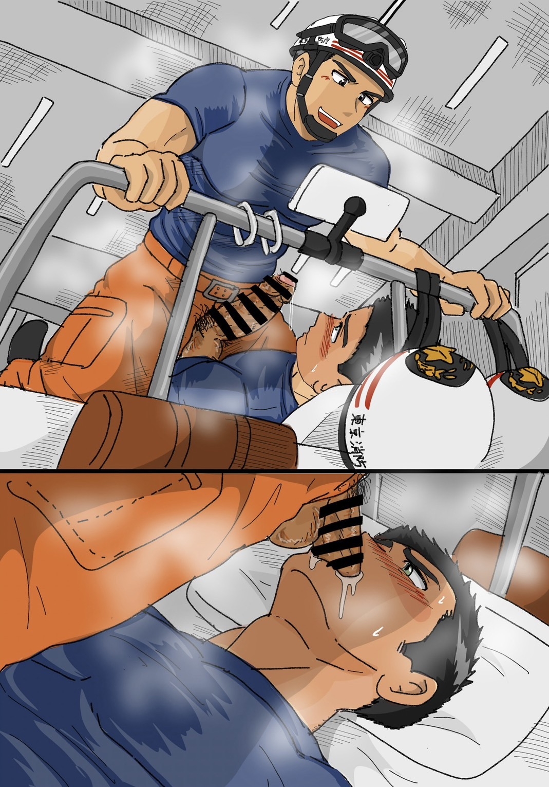 2boys, balls, balls out, bed, big penis, black hair, blowjob, blush, blushing profusely, brown eyes, ceiling, ceiling light, censor bar, censored, censored penis, dark penis, drooling, duo, erection, fellatio, firefighter, firefighter helmet, firefighter uniform, foreskin, foreskin folds, gay, grey eyes, hair on penis, helmet, hi res, imokuma, indoors, kneeling, laugh, looking at another, lying, lying on back, lying on bed, male, male only, male penetrated, male penetrating, male penetrating male, male/male, mature male, oral, oral penetration, oral sex, original, original character, penis, penis out, pillow, pointless censoring, precum, precum drip, pubic hair, saliva, saliva trail, sex, short hair, steam, steaming body, steamy penis, straddling, sweat, sweatdrop, thick penis, uncircumcised, uncut, unretracted foreskin, unzipped, unzipped pants, veiny penis, yaoi