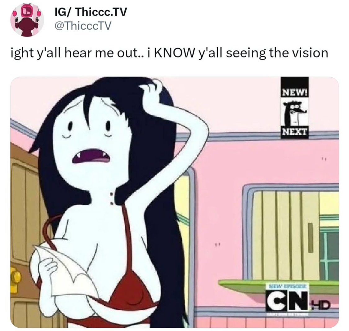 1girls, adventure time, big breasts, bra, bra strap slip, breast focus, breasts, brick by brick, cartoon network, copyright, edit, edited, female, female focus, female only, marceline, meme, nipple bulge, nipples visible through clothing, panties, print, red bra, red panties, repost, screenshot, screenshot edit, the phantom editor, twitter, twitter post, vampire, vampire girl
