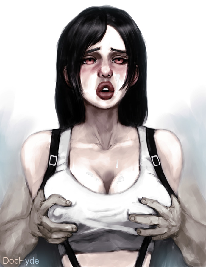 arms behind back, black hair, blush, breast grab, breasts, cleavage, cum, cum on breasts, cum on face, dochyde, erect nipples, female, final fantasy, final fantasy vii, fondle, fondling, fondling breast, groping, groping breasts, groping from behind, groping through clothes, heavy blush, large breasts, lips, long hair, midriff, nipples, open mouth, red eyes, suspenders, tank top, teeth, thick lips, tifa lockhart