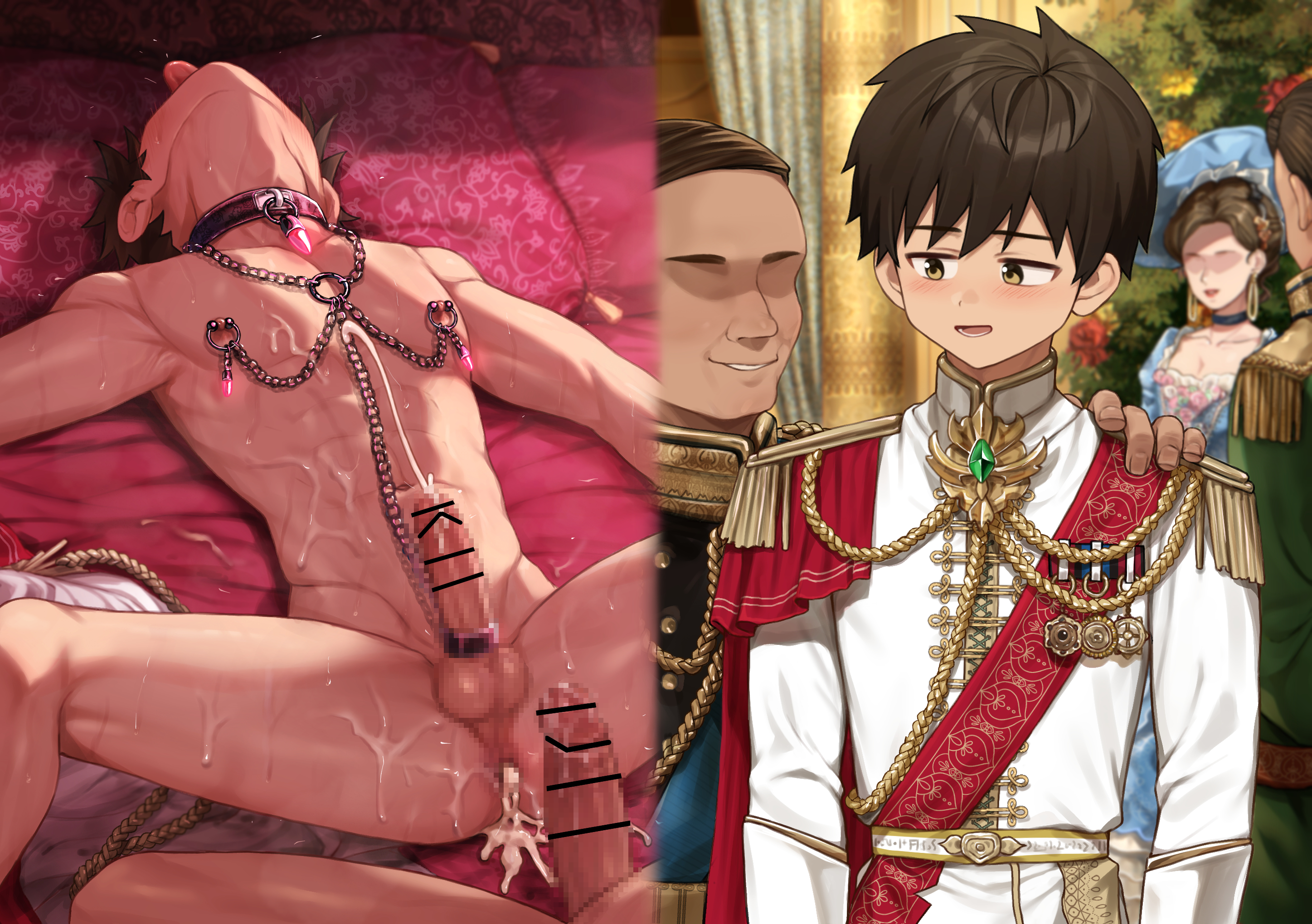 2boys, anal, balls, bar censor, before and after, black hair, blue eyes, blush, censor bar, censored, chains, closed mouth, commentary request, completely nude, cum, cum in ass, cum inside, cumming, domination, domination loss, ejaculation, english text, erect penis, erection, gay, gay domination, gay male, group sex, handcuffs, hands behind back, hands-free, handsfree ejaculation, highres, horny, instant loss 2koma, knight, komorebi (artist), laying down, laying on back, laying on bed, male, male focus, male only, multiple views, navel, nipple chain, nipple piercing, nipples, nude, on bed, original, original character, paid reward available, parted lips, penis, piercing, piercings, pleasure face, pubic tattoo, sex, short hair, size difference, skinny, submissive, submissive male, sweat, sweatdrop, sweating, sweaty body, sweaty feet, tattoo, testicles, tongue, tongue out, waist, waist grab, wine, yaoi, young