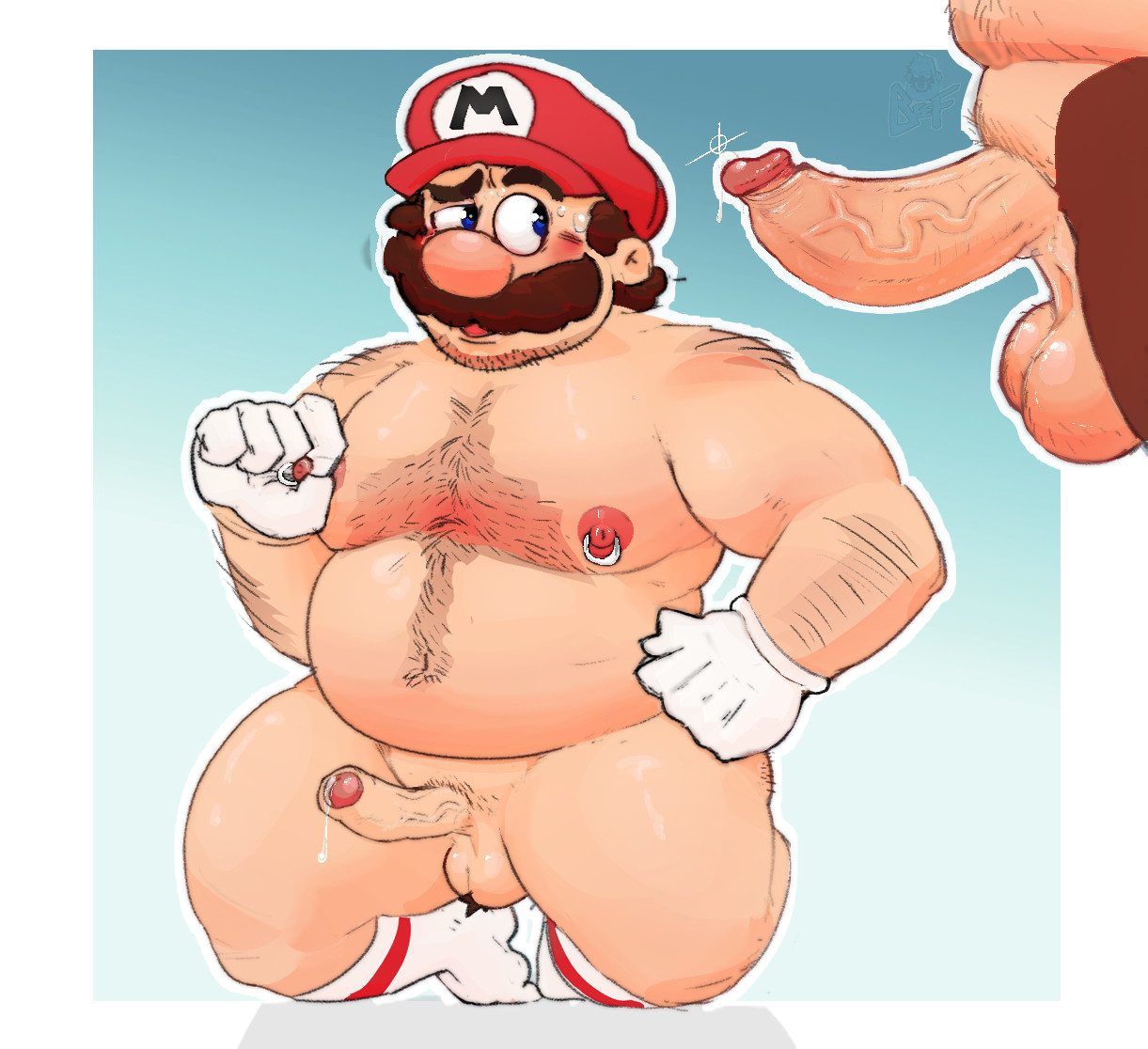 2boys, anthro, ape, arm hair, balls, bara, beefkeki, big balls, big penis, blue eyes, blush, body hair, brown fur, brown hair, chest, chest hair, donkey kong, donkey kong (series), duo, enormous penis, erection, facial hair, fat, fat belly, fat male, furry, furry male, gay, genitals, gigantic penis, gloves, gorilla, hairy male, haplorhine, hat, huge cock, human, kneeling, large penis, light skin, light-skinned male, male, male nipples, male only, male/male, mammal, mario, mario (series), mature, mature male, nintendo, nipple piercing, nipples, nude, nude male, obese, obese male, overweight, overweight male, penis, penis size difference, primate, red hat, saggy balls, small penis, socks, testicles, thick penis, unseen male face, white gloves, yaoi