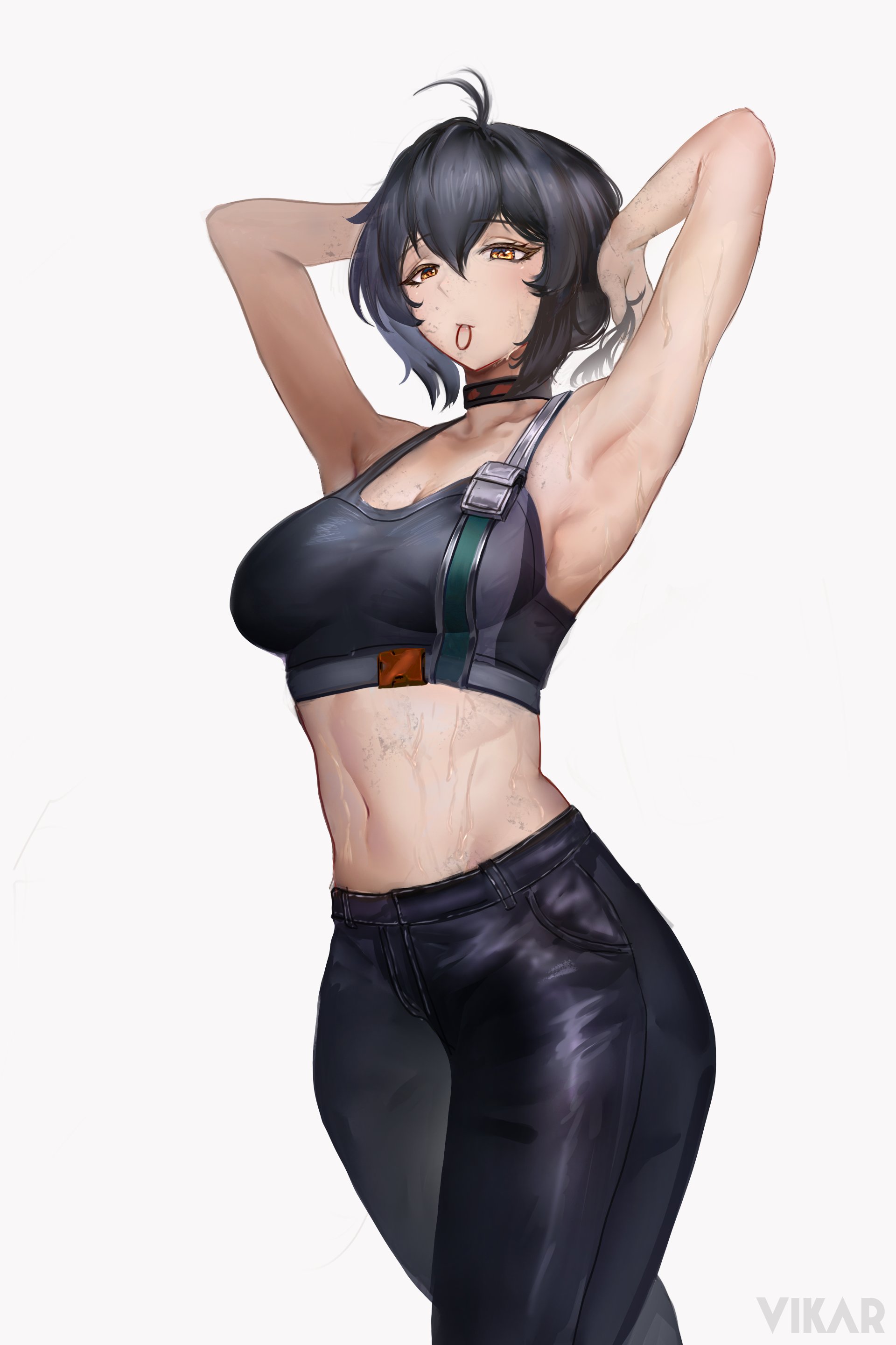 1girls, 2025, 2d, 2d (artwork), absurdres, ahoge, armpits, arms up, artist name, belobog heavy industries, black choker, black hair, black pants, black sports bra, choker, closed mouth, commentary, cowboy shot, english commentary, female, grace howard, hair between eyes, hair tie in mouth, highres, long bangs, looking at viewer, midriff, mouth hold, navel, pants, questionable, sfw, short hair, simple background, solo, sports bra, sweat, tying hair, vikar, walking, white background, yellow eyes, zenless zone zero