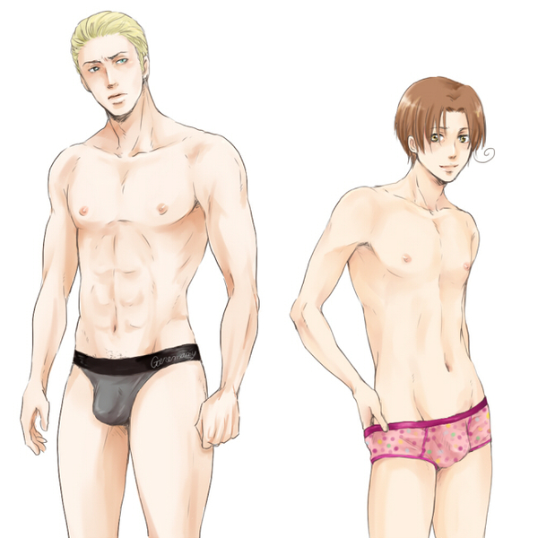 2boys axis_powers_hetalia blonde_hair brown_hair feliciano_vargas germany_(hetalia) human italy_(hetalia) ludwig_weillschmidt male male_nipples male_only multiple_boys no_visible_genitalia penis_bulge smooth_skinned_male underwear underwear_only