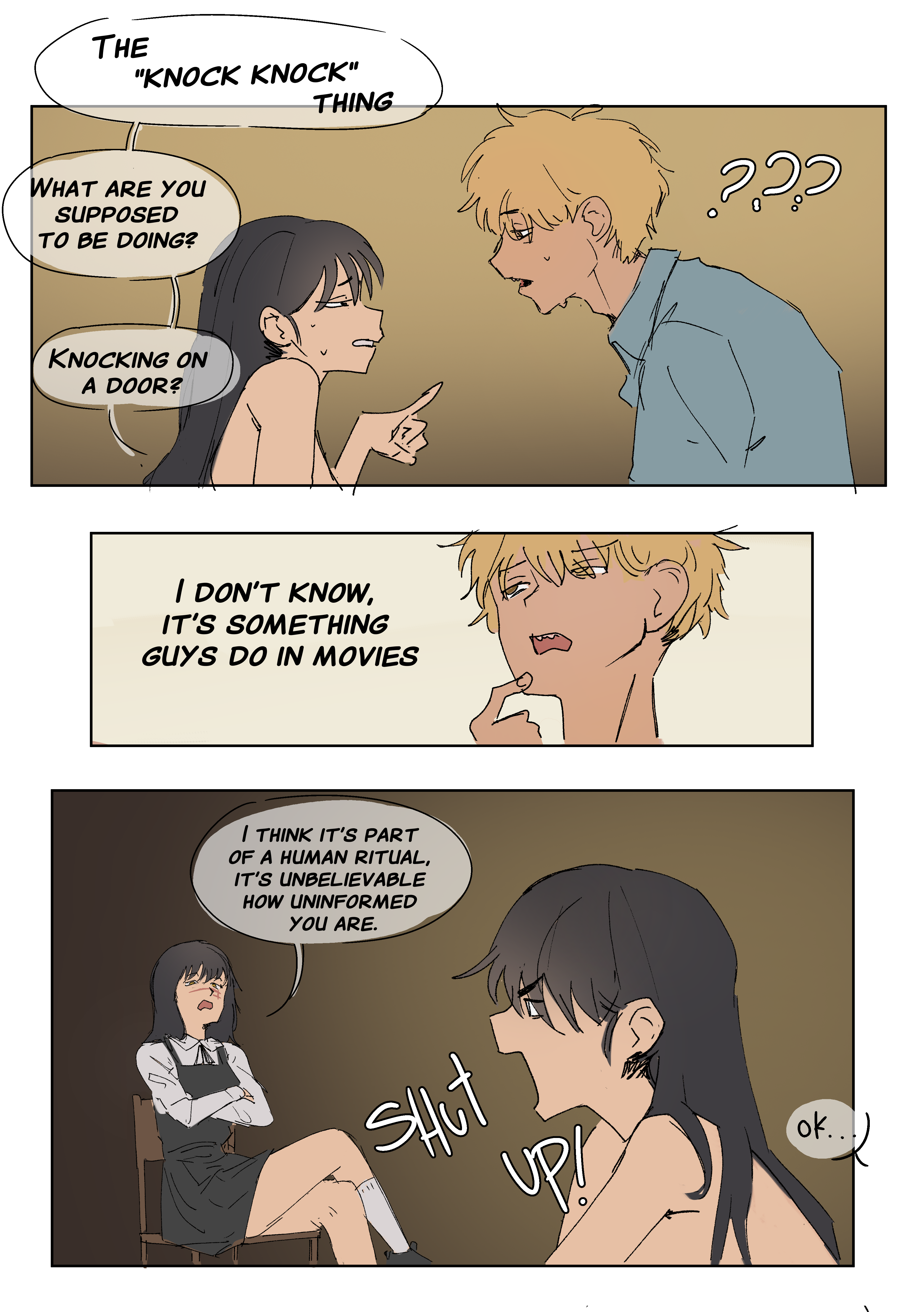 1boy1girl, alternate version available, blowjob, blush, chainsaw man, cum, cum in mouth, cum on body, cumshot, denji (chainsaw man), dialogue, embarrassed, female, male, mitaka asa, nhomadd, penetration, sex, tagme, tatsuki fujimoto, teasing, text, underwear, wholesome, wholesome sex, yoru (chainsaw man)