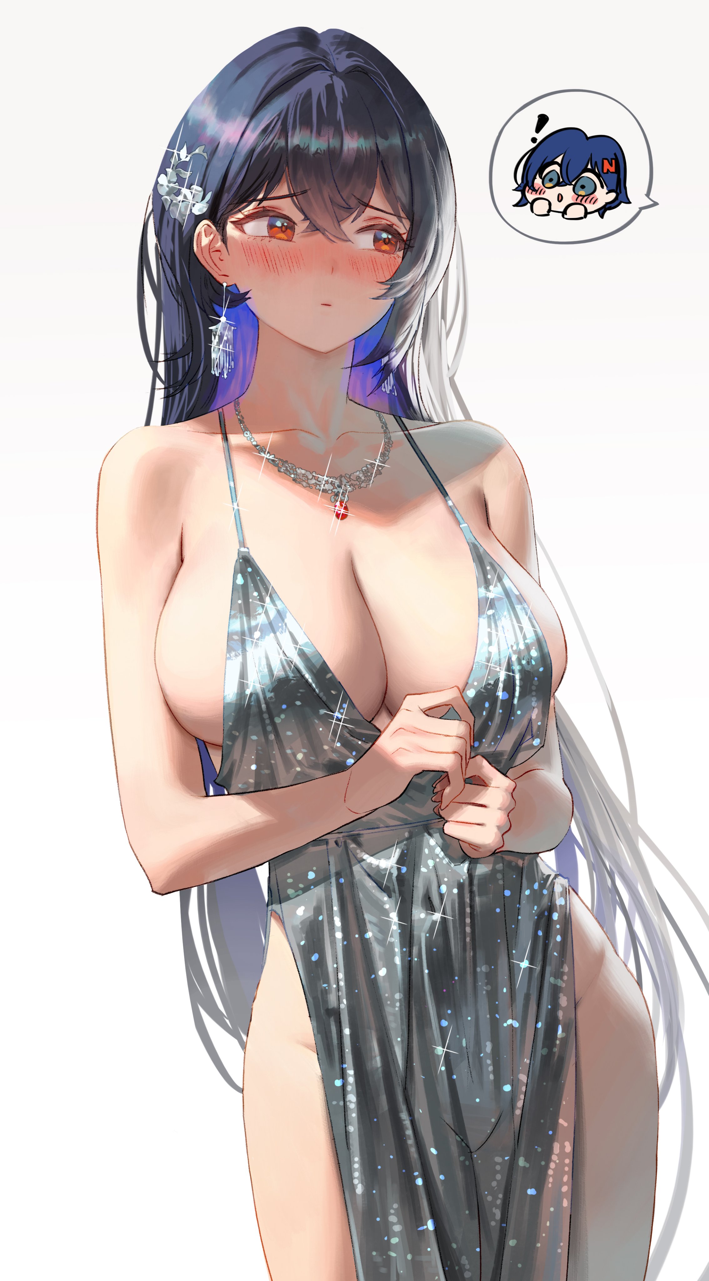 2girls, about to burst, absurdres, alternate costume, alternate hairstyle, averting eyes, bare arms, bare shoulders, barely contained, barely contained breasts, barely fits, belle (zenless zone zero), black hair, blue hair, blush, breasts, breasts too big, bursting breasts, cleavage, closed mouth, collarbone, colored inner hair, commentary, crossed bangs, dress, earrings, female, grace howard, hair between eyes, hair ornament, highres, huge breasts, imminent wardrobe malfunction, jewelry, large breasts, long hair, multicolored hair, multiple females, multiple girls, necklace, nose blush, red eyes, side slit, silver dress, simple background, solo focus, thighs, tight clothes, tight clothing, tight dress, tight fit, tight fitting clothing, too tight, undersized clothes, undersized clothing, white background, wonbin lee, zenless zone zero