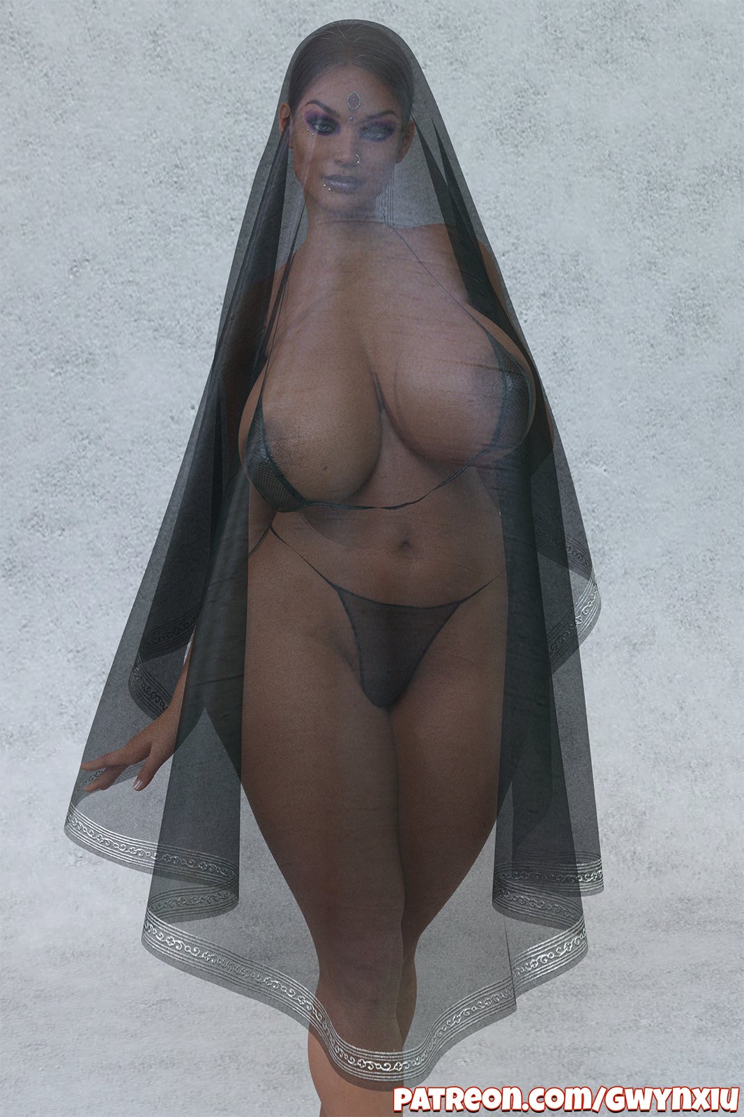 1girls, 3d, areola slip, areolae, big breasts, bikini, breasts, dark skin, dark-skinned female, female, female only, gwynxiu, huge breasts, indian, indian female, skimpy, solo, veil, wardrobe malfunction