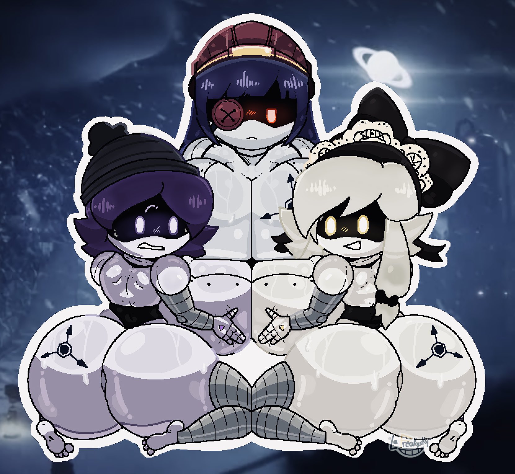 2d (artwork), 3girls, ass focus, breasts, cyn (murder drones), doll (murder drones), female, female focus, female only, glitch productions, huge ass, huge breasts, huge thighs, kneeling, lafreakysky, murder drones, naked, naked female, nude, nude female, purple eyes, purple hair, red eyes, robot, robot girl, robot humanoid, screen face, small feet, tattoo on butt, thick ass, thick thighs, uzi (murder drones), uzi doorman, white hair, yellow eyes
