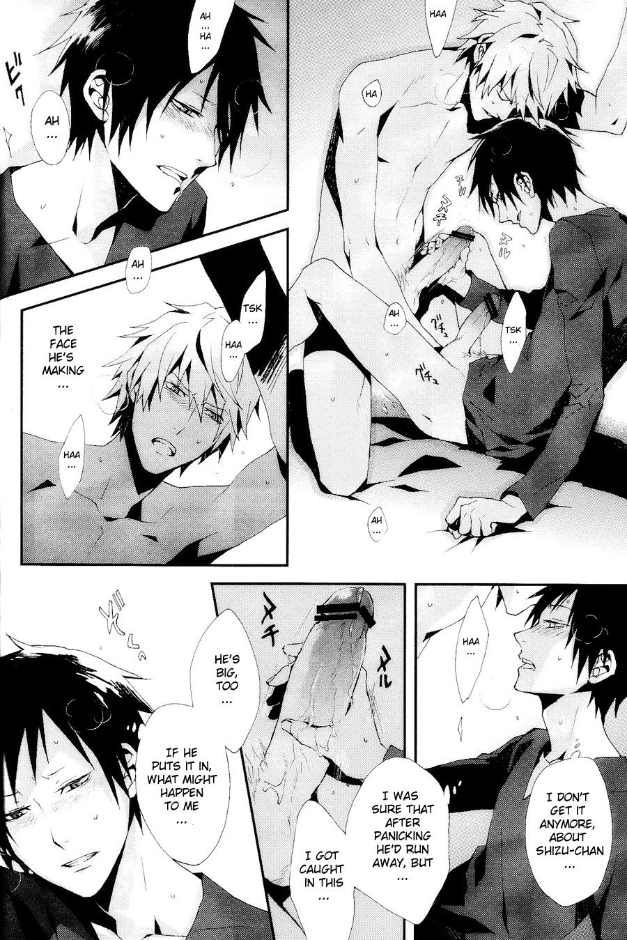 2boys blush doujinshi durarara!! english_text gay handjob hard_translated heiwajima_shizuo male_only orihara_izaya yaoi