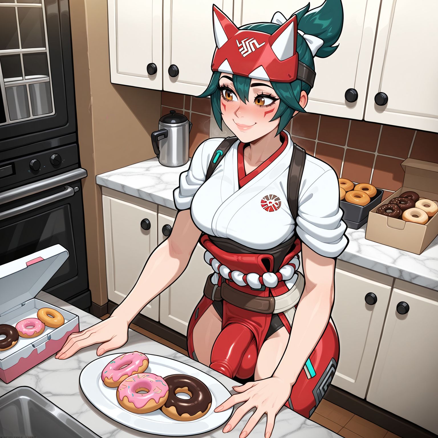 ai generated, animal mask, balls, blush, bow, box, breasts, brown eyes, bulge, closed mouth, clothing, covered penis, doughnut, erection, erection under clothes, facial mark, female, food, fox mask, futanari, green hair, hair between eyes, hairbow, half mask, indoors, intersex, japanese clothes, kimono, kiriko (overwatch), kitchen, lunaart, makeup, mask, mask on head, medium breasts, overwatch, overwatch 2, penis, pink lips, plate, ponytail, refrigerator, rope, rope belt, shimenawa, short hair, short sleeves, sleeves rolled up, smile, solo, testicles, traditional clothes, wafuku, white bow, white kimono