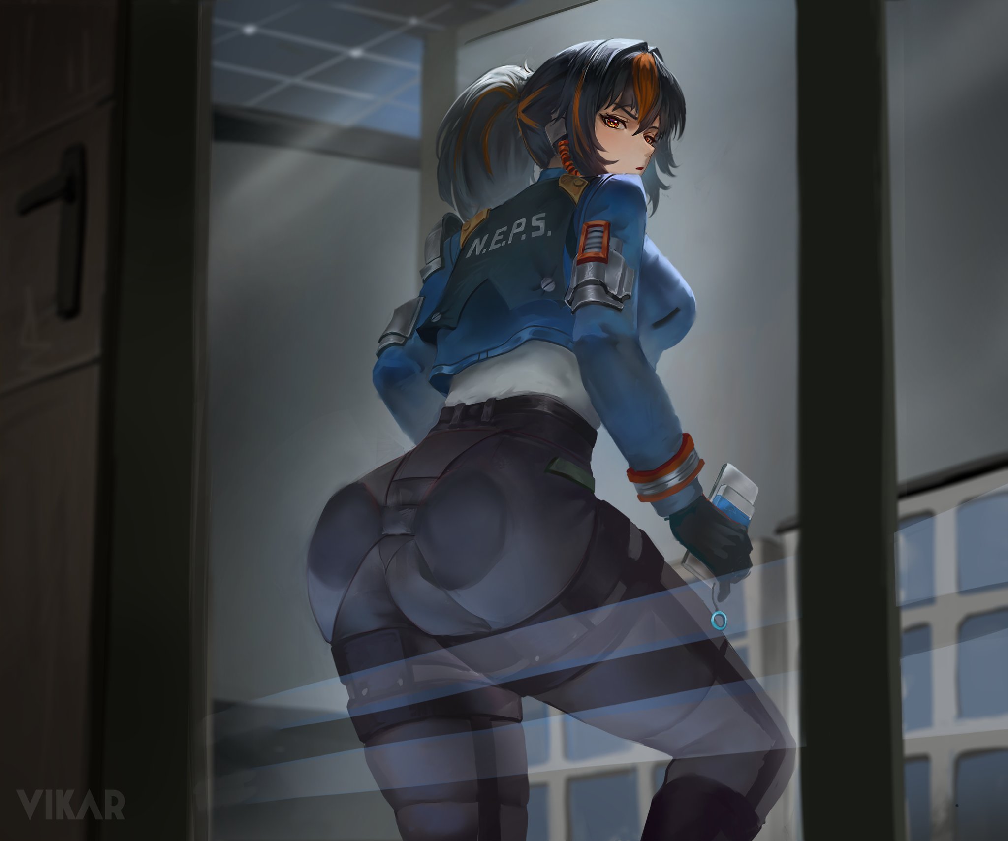 2d, 2d (artwork), against glass, artist name, ass, ass on glass, ass press, black gloves, black hair, black pants, blue jacket, breasts, commentary, english commentary, feet out of frame, female, from behind, gloves, hair between eyes, hair intakes, headset, high-waist pants, highres, indoors, jacket, long hair, long sleeves, looking at viewer, looking back, medium breasts, multicolored hair, open mouth, orange eyes, orange hair, paag, pants, ponytail, questionable, shirt, solo, streaked hair, vikar, white shirt, zenless zone zero, zhu yuan