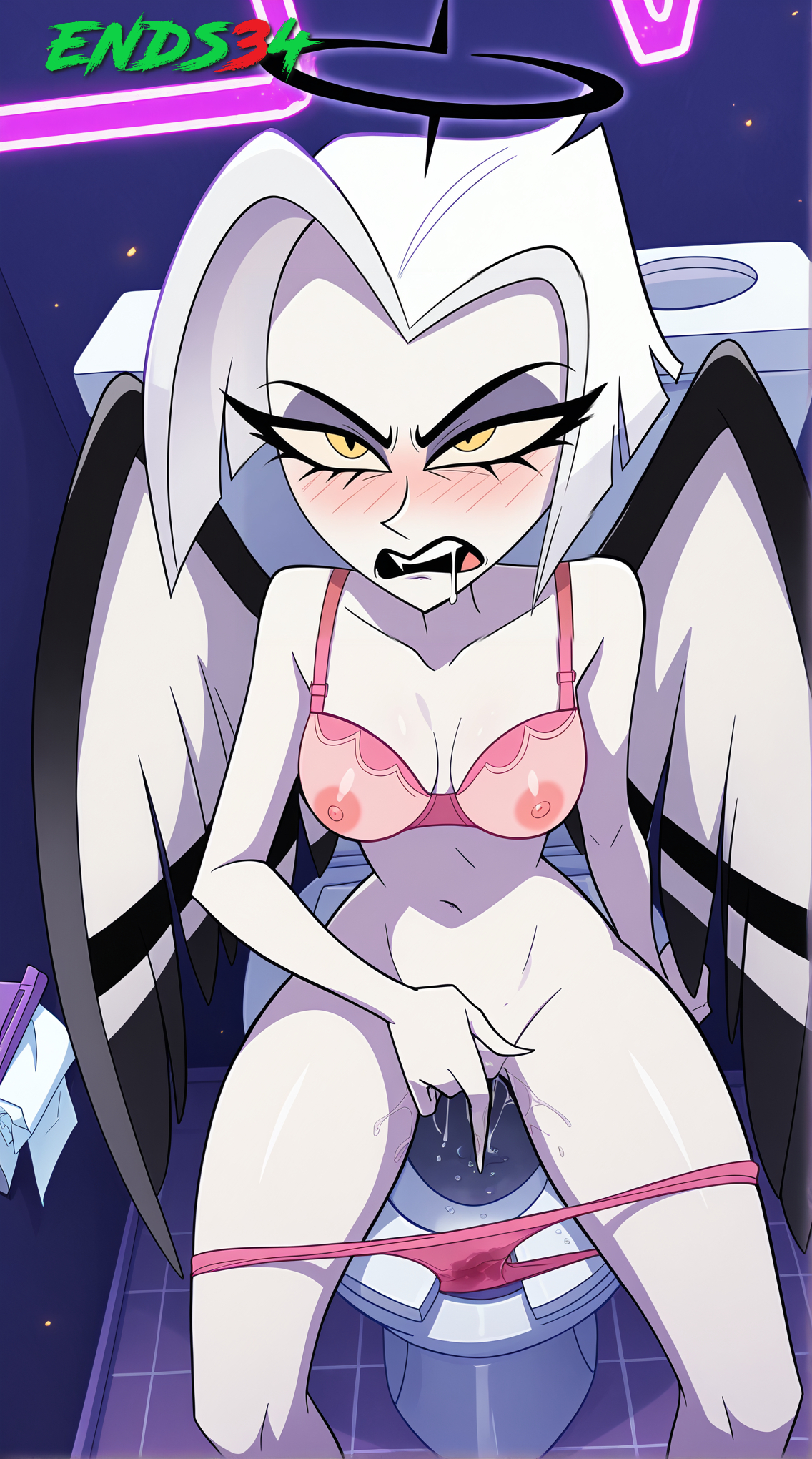 ai generated, angel, angel wings, ends34, female, female focus, female only, from above, hazbin hotel, lute (hazbin hotel), masturbation, mature female, narrow waist, nipples, panties aside, pink panties, pussy, pussy juice, rolling eyes, saliva, saliva drip, schlicking, short hair, toilet, white body, white hair, yellow eyes