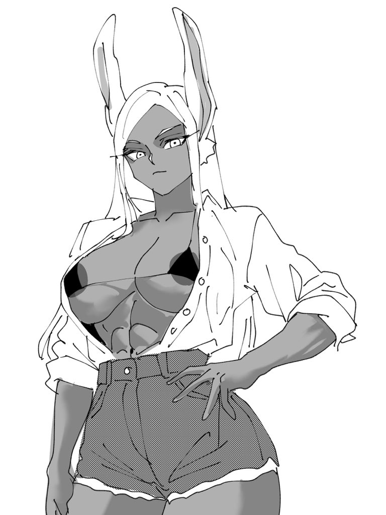 1girls, 2025, abs, animal ears, animal humanoid, areola slip, areolae, belly button, big breasts, bikini top, bikini under clothes, black and white, breasts, busty, button down shirt, captain tai, clothed, clothed female, clothing, cowboy shot, curvaceous, curvy, dark skin, dark-skinned female, denim, denim shorts, female, front view, greyscale, hair, hand on hip, humanoid, jean shorts, jeans, large breasts, legs together, long hair, looking at viewer, micro bikini, miruko, monochrome, muscular, muscular female, my hero academia, navel, open clothes, open shirt, rabbit ears, rabbit humanoid, shirt, shorts, simple background, solo, standing, stomach, thick thighs, thighs, white background, wide hips