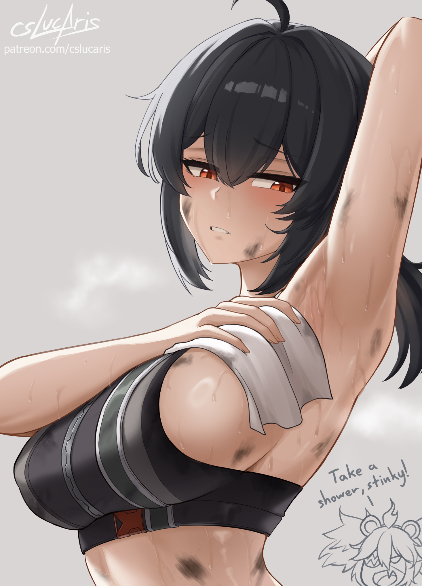 2girls, ahoge, arm behind head, armpits, artist name, belobog heavy industries, black hair, black sports bra, breasts, chibi, commentary, cslucaris, dirty, dirty face, english commentary, english text, female, furrowed brow, grace howard, grey background, hair between eyes, highres, holding, holding towel, koleda belobog, large breasts, long hair, looking down, multiple girls, nah, orange eyes, parted lips, ponytail, sideboob, signature, solo focus, sports bra, steaming body, sweat, towel, upper body, very sweaty, wiping, wiping sweat, zenless zone zero, zipper top
