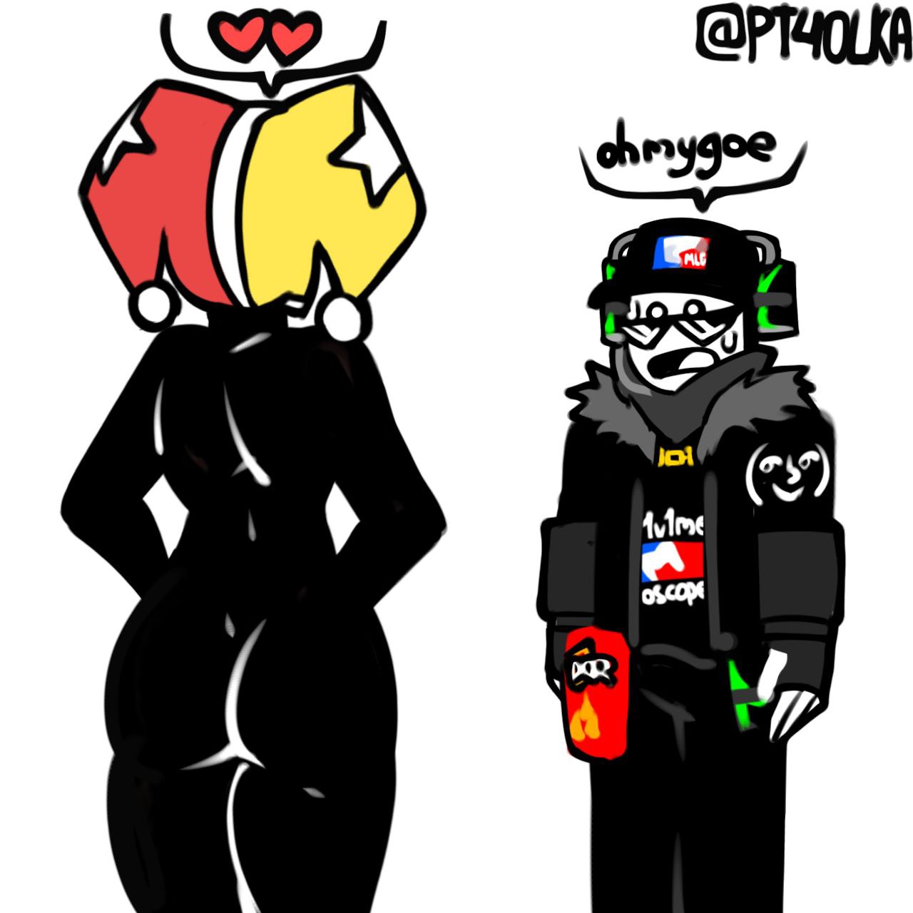 1boy, 1other, ambiguous gender, ass, ass focus, black body, black skin, blush, blush lines, breasts, chance (forsaken), cleavage, clothed male, dark body, doritos, female, forsaken (roblox), jester, jester outfit, male, medium breasts, meme, mlg, mlg chance (forsaken), nude female, official alternate costume, panties, pt4olka, roblox, roblox game, robloxian, schmuck (forsaken), smile, source request, standing, suggestive, suggestive pose, tagme, taph (forsaken), thick thighs, thighs