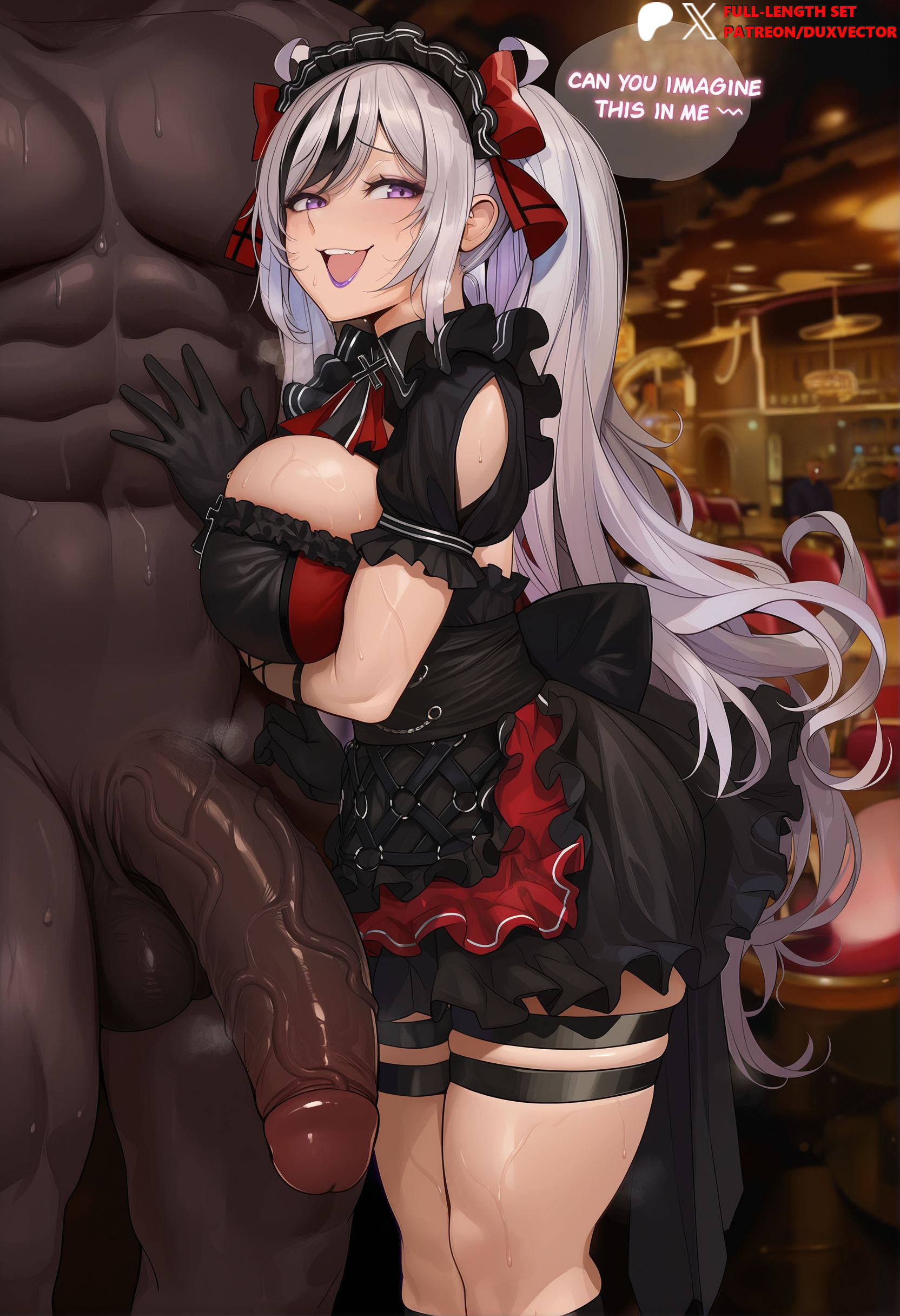 1boy, abs, ai generated, azur lane, balls, black dress, black gloves, black hair, breasts, clothed female nude male, clothing, cross, dark skin, dark-skinned male, dress, duxvector, elbe (azur lane), elbe (time to show off?) (azur lane), english text, female, frilled dress, frills, gloves, grey hair, hand on another's stomach, huge balls, huge cock, huge testicles, interracial, iron cross, large breasts, large penis, long hair, looking at viewer, male, multicolored hair, muscular, muscular male, netorare, ntr, nude, official alternate costume, open mouth, penis, puffy short sleeves, purple eyes, short sleeves, skin fang, smile, solo focus, straight, streaked hair, testicles, thigh strap, thighs, twintails, veins, veiny penis, very dark skin, very long hair
