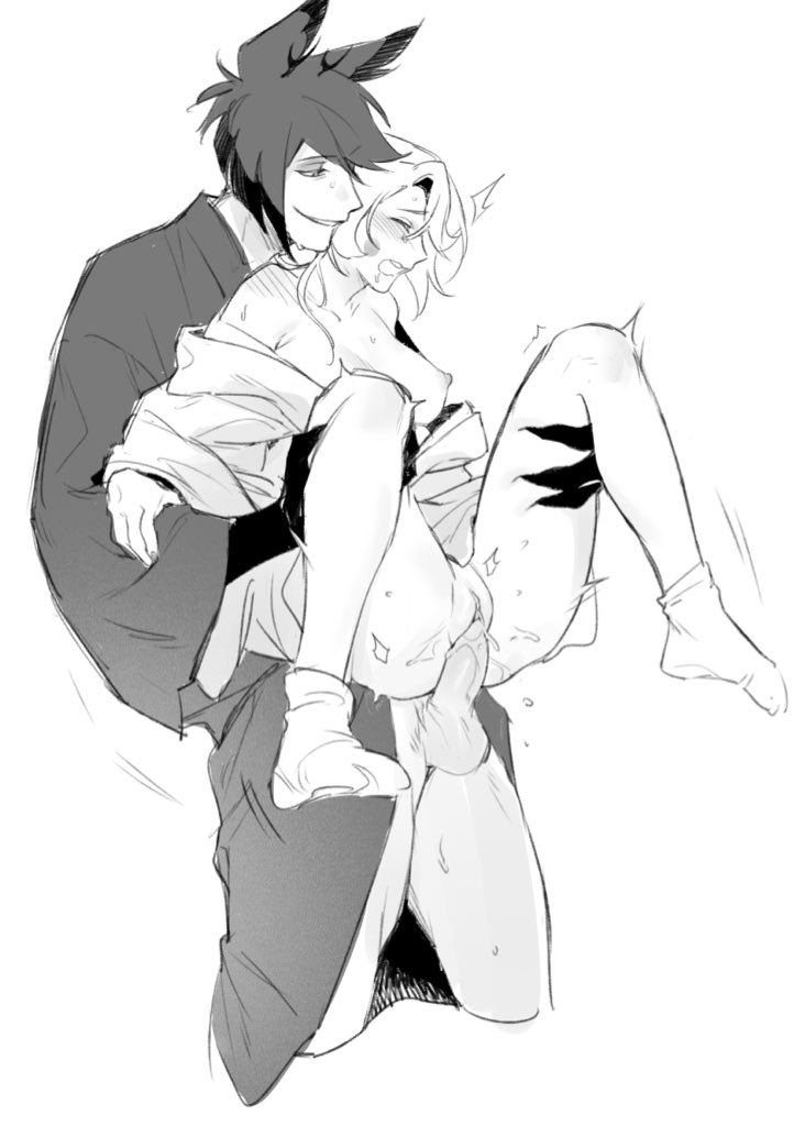 1boy, 1girls, alastor (hazbin hotel), breasts, breasts out, charlastor, charlie morningstar, charlie morningstar (hazbin hotel), deer humanoid, female, hazbin hotel, highres, looking pleasured, male, monochrome, mooumao, nipples, penetration, pussy, reverse suspended congress, satisfied, sex, shivering, socks, spread legs, standing, tits out, trembling, uncensored, vaginal penetration