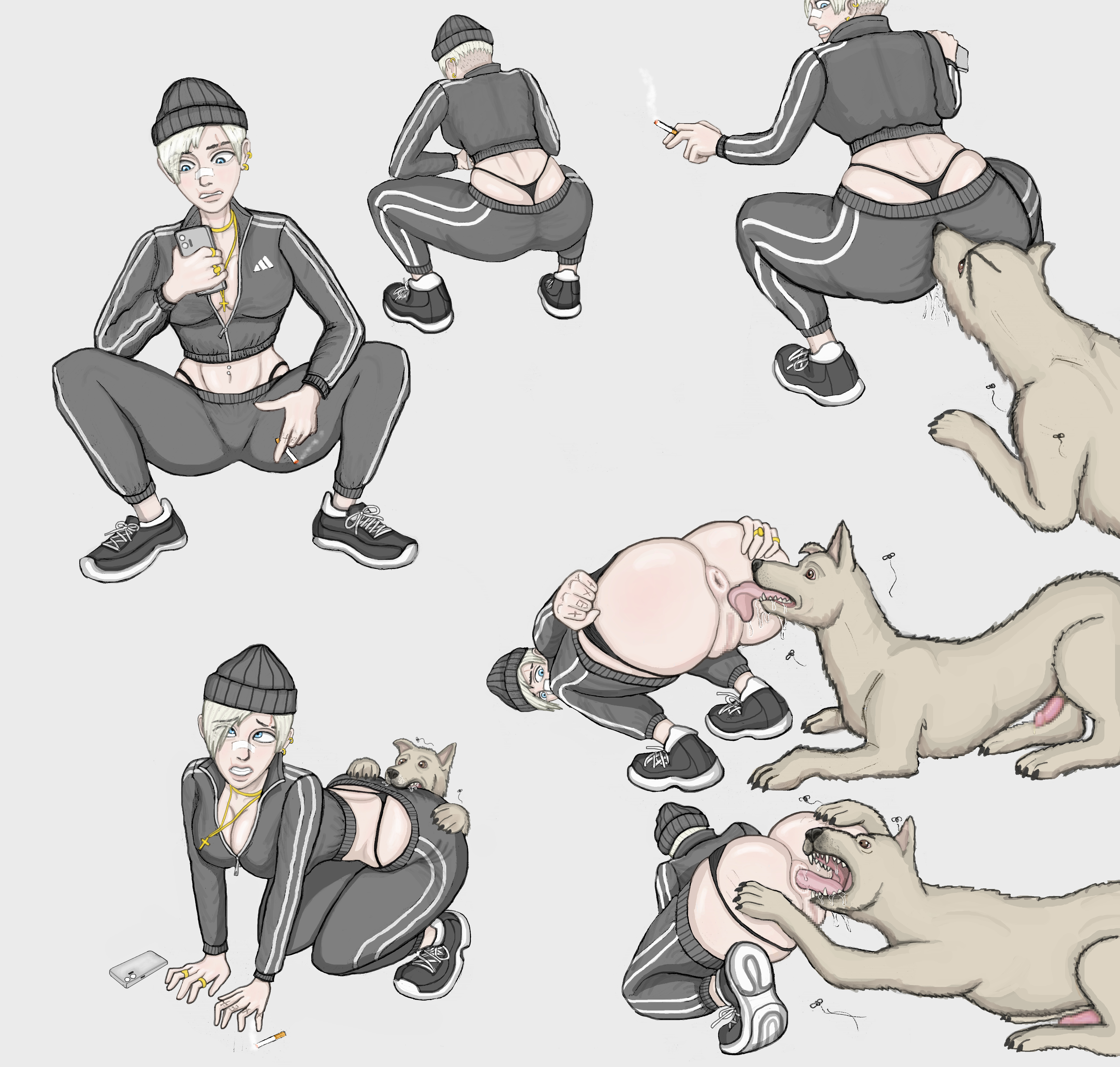 1boy, 1girls, all fours, anilingus, animal genitalia, animal penis, anus, ass, blonde hair, blue eyes, breasts, canid, canine, canine genitalia, canine penis, canine rimming female, canis, censored, censored penis, censored pussy, cigarette, clothed, clothed female, clothing, dog penis, dog rimming female, domestic dog, ear piercing, earrings, female, female on feral, feral, feral on female, feral on human, holding, holding object, holding phone, human on feral, knotted penis, licking, male, male/female, mastak, medium breasts, mosaic censoring, original, original character, panties, panties aside, penis, phone, pierced ears, piercing, piercings, pussy, rolling eyes, saliva, saliva trail, short hair, simple background, slav squat, tongue, tongue out, white background, zoophilia