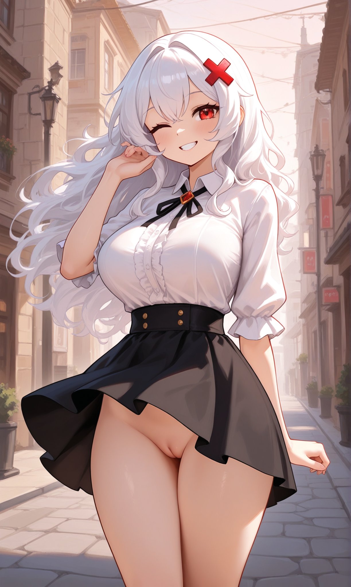 1girls, ai generated, darkraiteam, erispheria, exposed pussy, female, female focus, female only, hair ornament, hi res, high resolution, no panties, pleasure face, pussy, red eyes, school uniform, twitch, twitter, virtual youtuber, vtuber, white hair, wide hips, x hair ornament, youtube, youtube hispanic