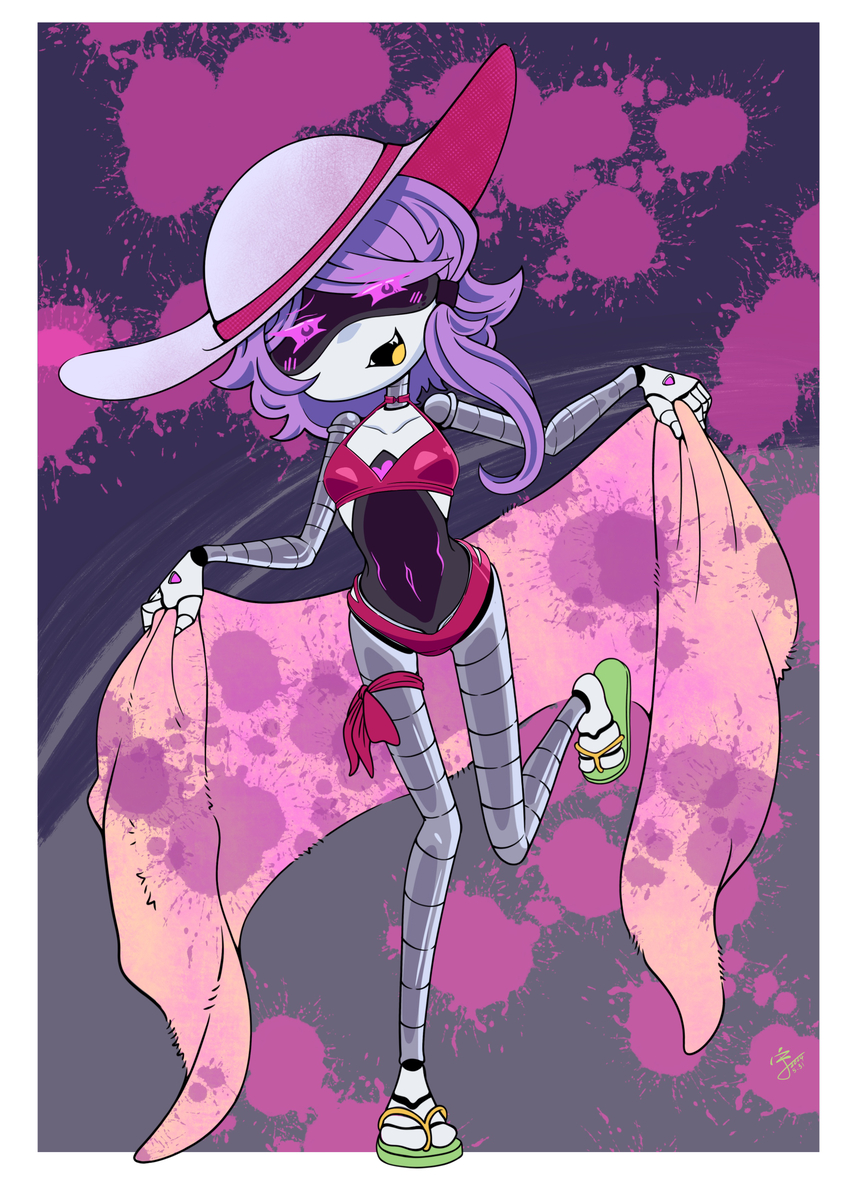 1girls, bikini, feet, female, female only, glitch productions, hat, linjian71143812, murder drones, no toes, nori (murder drones), presenting, robot, robot girl, sandals, solo, swimsuit, white body, worker drone