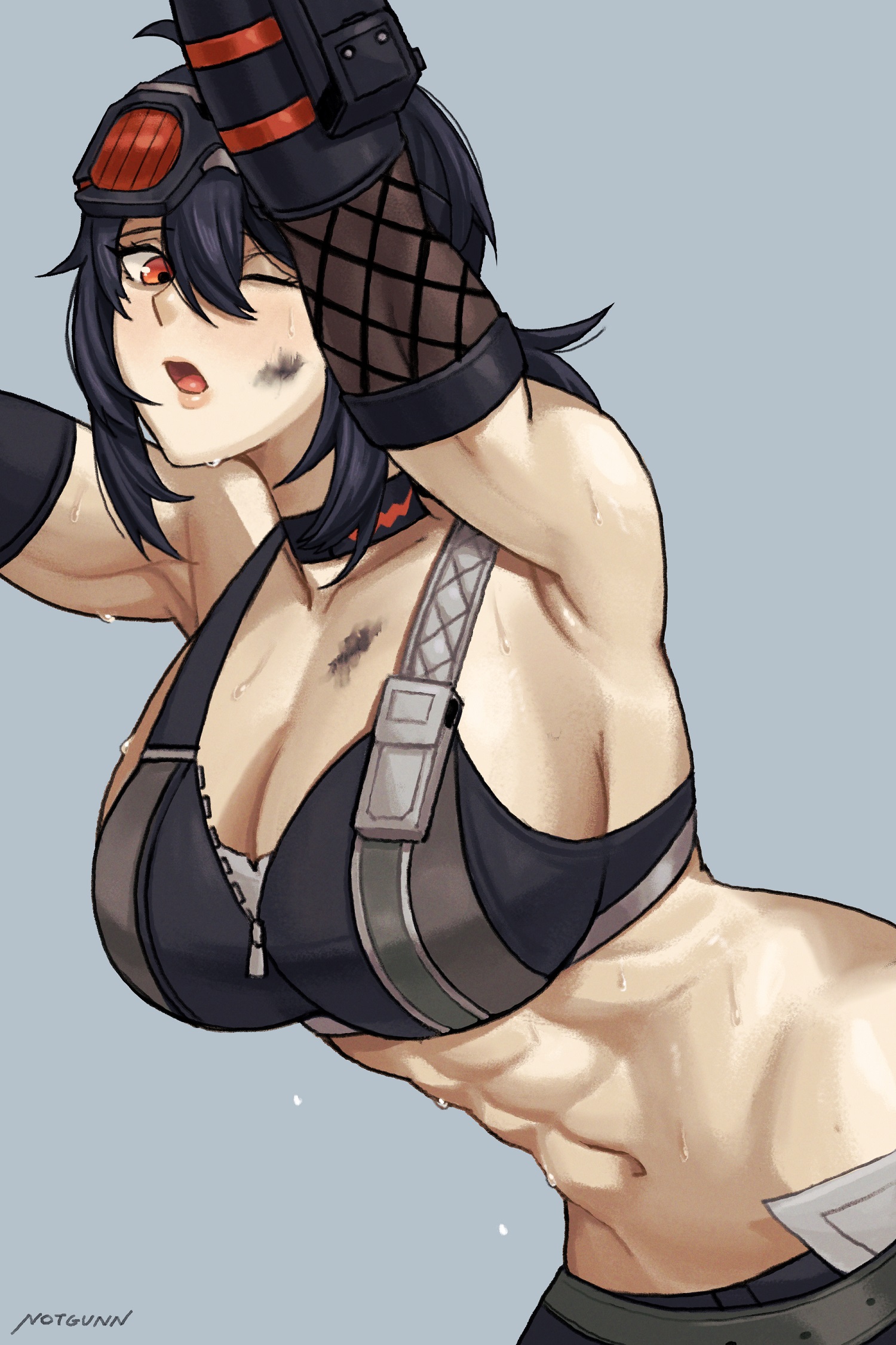 abs, armpits, arms up, belobog heavy industries, big breasts, black hair, black sports bra, breasts, choker, detached sleeves, dirty, dirty face, female, goggles, goggles on head, grace howard, grey background, hair between eyes, highres, huge breasts, large breasts, leaning forward, lips, long hair, looking at viewer, muscular, muscular female, navel, notgunn, one eye closed, open mouth, orange eyes, partially unzipped, sideboob, simple background, solo, sports bra, stomach, sweat, toned, toned female, zenless zone zero, zipper, zipper pull tab, zipper top