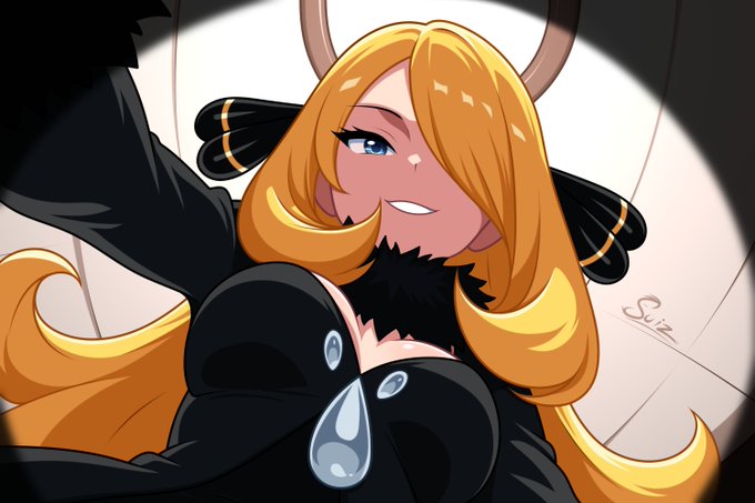 1girls, 2d, artist name, big breasts, black dress, blonde, blonde female, blonde hair, breasts, ceiling, clothed, clothes, clothing, color, colored, cynthia (pokemon), digital media (artwork), dress, female, female focus, female only, fur collar, game freak, hi res, highres, indoors, inside, light skin, light-skinned female, long hair, long hair female, looking at viewer, looking down, looking down at viewer, low angle, low-angle view, nintendo, pokemon, pokemon champion, pokemon dppt, smirk, smirking, smirking at viewer, solo, solo female, solo focus, su1zide