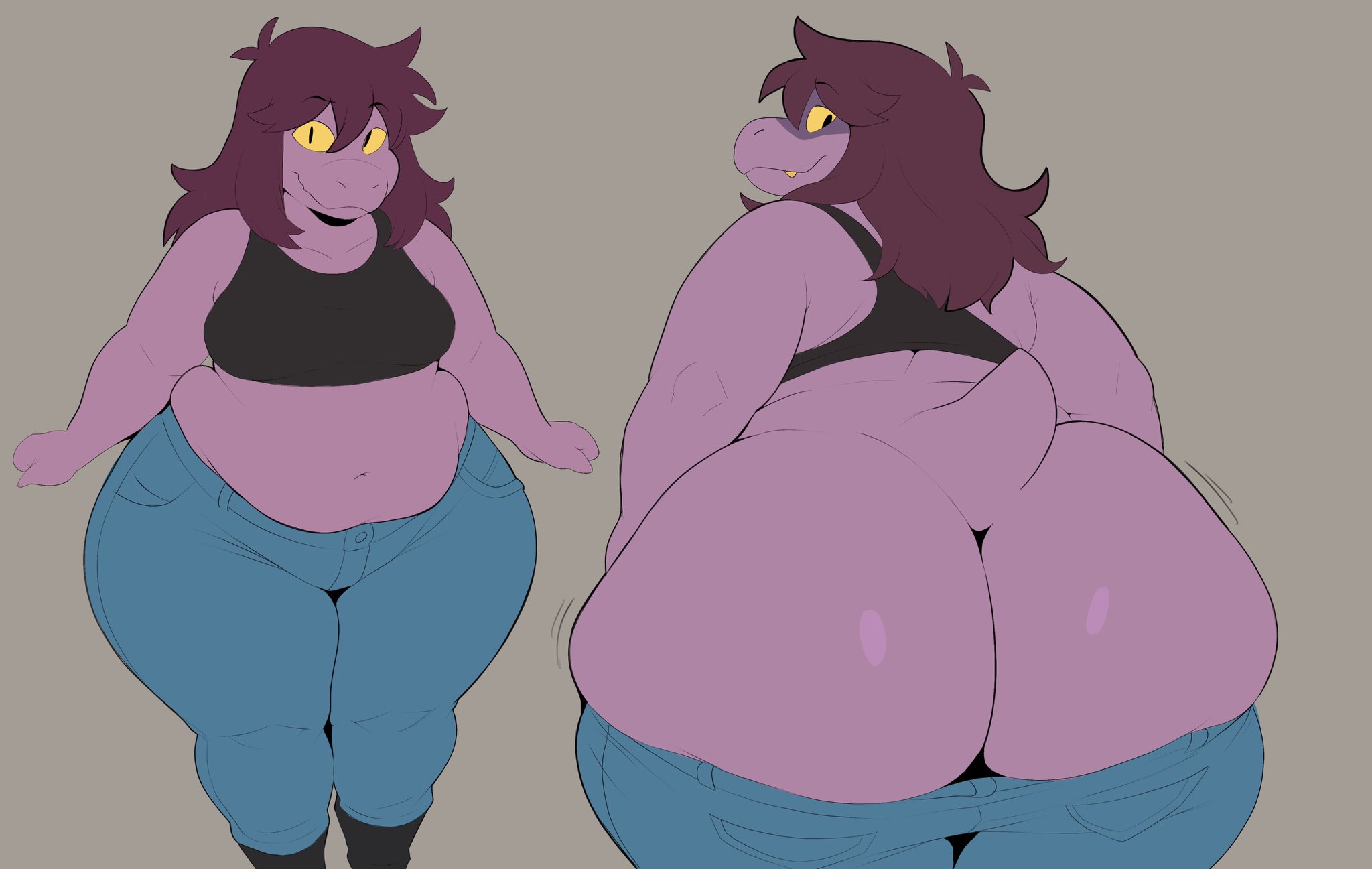1girls, ai assisted, ai generated, animal tail, anthro, ass, ass shot, big ass, big breasts, black eyes, blue pants, bottomwear, breasts, camisole, close-up, clothing, deltarune, fat ass, female, female only, hips, huge ass, jeans, large ass, long hair, looking back, motion lines, pants, pants down, plump, psymen, purple body, purple hair, purple skin, reptile, solo, solo female, susie (deltarune), tail, topwear, undertale (series), voluptuous, voluptuous female, wide hips, yellow sclera