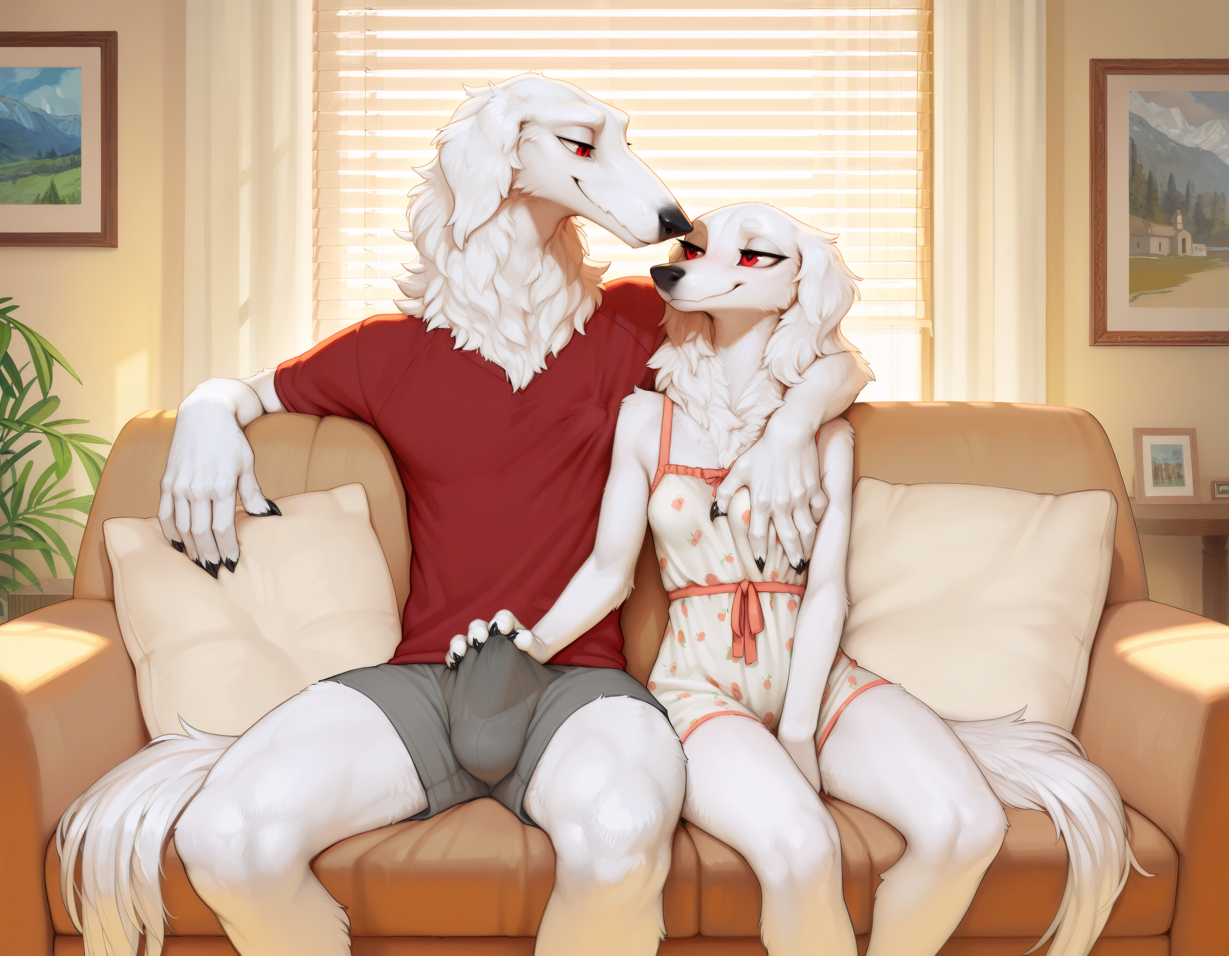 absurd res, ai generated, anotheranon, anthro, anthro on anthro, bedroom eyes, black nose, borzoi, bottomwear, breast grab, breasts, bulge, bulge grab, canid, canine, canis, claws, clothed, clothing, detailed background, detailed bulge, domestic dog, duo, erection, erection under clothing, eye contact, female, finger claws, fingers, fully clothed, fur, furniture, furry, genital outline, hand on breast, hand on bulge, hi res, hunting dog, incest, inside, intraspecies, larger male, looking at another, male, male/female, mammal, milf, mother, mother and child, mother and son, narrowed eyes, neck tuft, on sofa, parent, parent and child, penile, penis, penis outline, pillow, plant, red eyes, seductive, shirt, sighthound, sitting, size difference, smaller female, smile, sofa, son, t-shirt, topwear, tuft, underwear, white body, white fur, window
