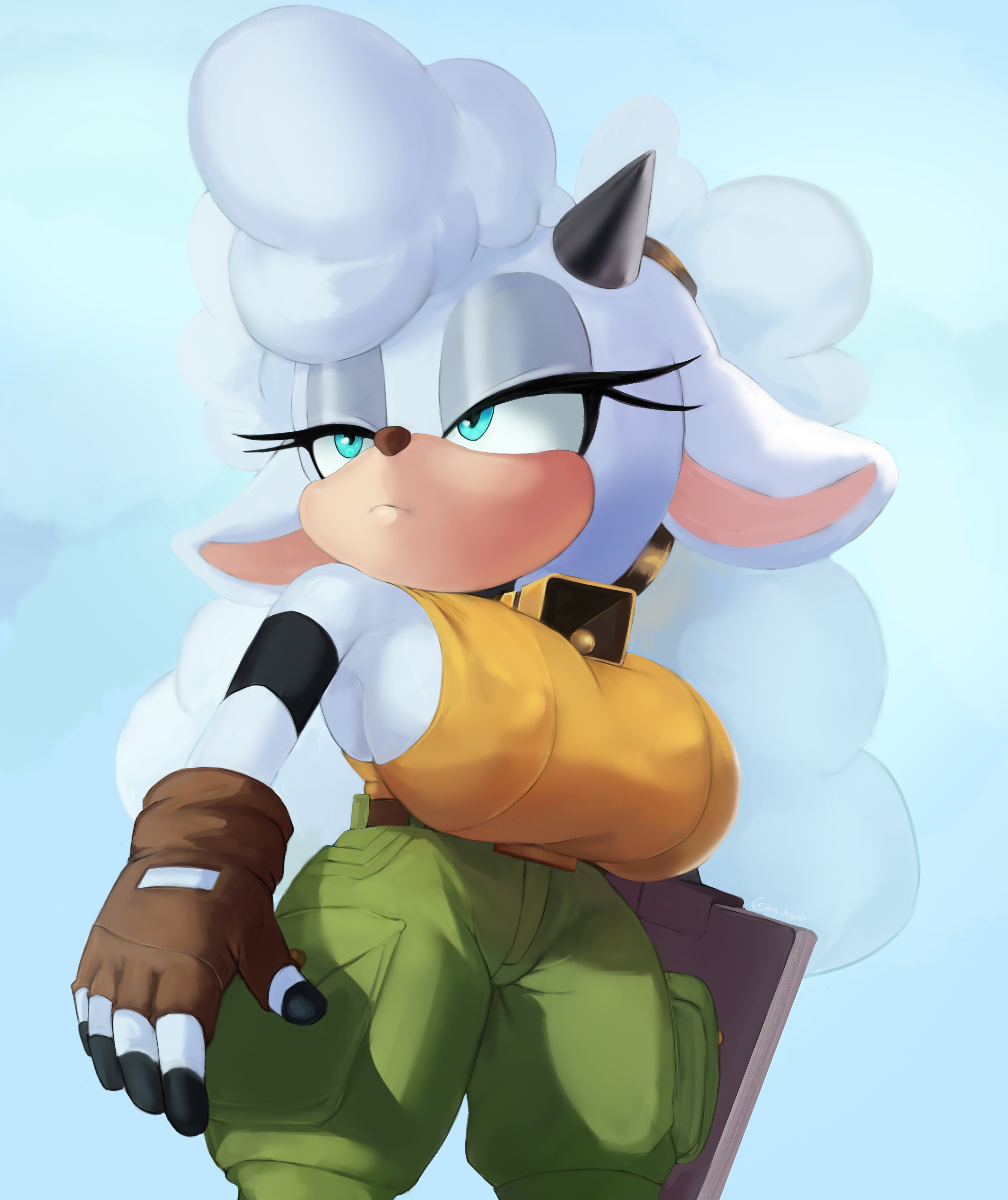 1girls, 2d, anthro, bell, bell collar, big breasts, blue eyes, boots, breasts, busty, caprine, clothing, cowbell, cranihum, erect nipples, female, female only, furry, furry only, horn, huge breasts, idw comics, idw publishing, lanolin the sheep, large breasts, looking at viewer, michael jackson pose, mobian, mobian (species), mobian sheep, pants, sega, sheep, sheep ears, sheep girl, sheep horns, shirt, solo, sonic (series), sonic the hedgehog (comics), sonic the hedgehog (idw), sonic the hedgehog (series), thick thighs, voluptuous, white body, white fur, white hair, wide hips, wool (fur)