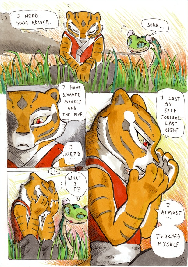 anthro better_late_than_never blush comic daigaijin embarrassed english_text feline female fur furry kung_fu_panda male master_tigress master_viper page_15 sage_advice snake tail tiger