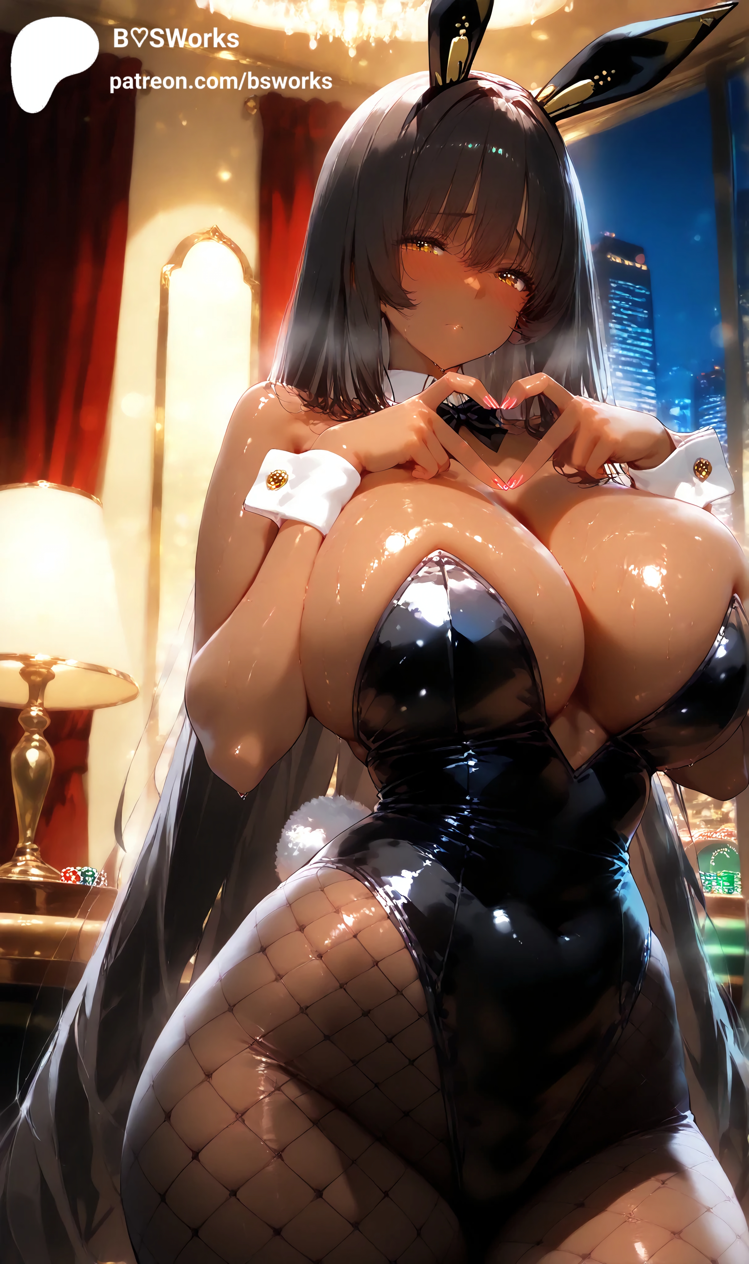 1girls, ai generated, animal ears, bare shoulders, between legs, black leotard, bow, bowtie, breasts, brown eyes, bsworks, bunnies for a day!!, bunny costume, bunny ears, bunny girl, bunny tail, bunnysuit, dark skin, dark-skinned female, detached collar, fake animal ears, female, female only, fishnet pantyhose, fishnets, goddess of victory: nikke, hand heart, highres, large breasts, leotard, long hair, noir (nikke), pantyhose, playboy bunny, rabbit ears, shy, strapless, strapless leotard, wrist cuffs