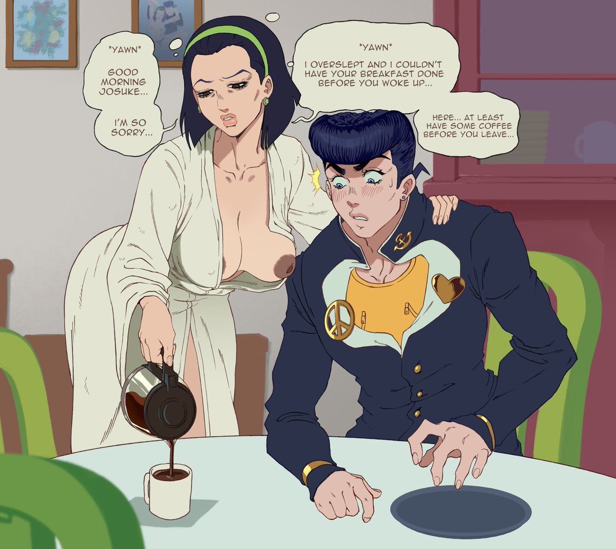 1boy, 1girls, accidental circumstance, accidental exposure, big breasts, breasts, busty, coffee, coffee mug, dark nipples, diamond is unbreakable, downblouse, female, flashing, flashing breasts, incest, incestuous, incestuous desire, incestuous temptation, inverted nipples, jojo's bizarre adventure, josuke higashikata, large breasts, light skin, light-skinned female, male, milf, mother, mother and son, nipple slip, nipples, one breast out, pale skin, pale-skinned female, pepprnsalt, puffy nipples, shounen jump, sleepy, son, tagme, tired, tired eyes, tomoko higashikata, towel, wardrobe malfunction