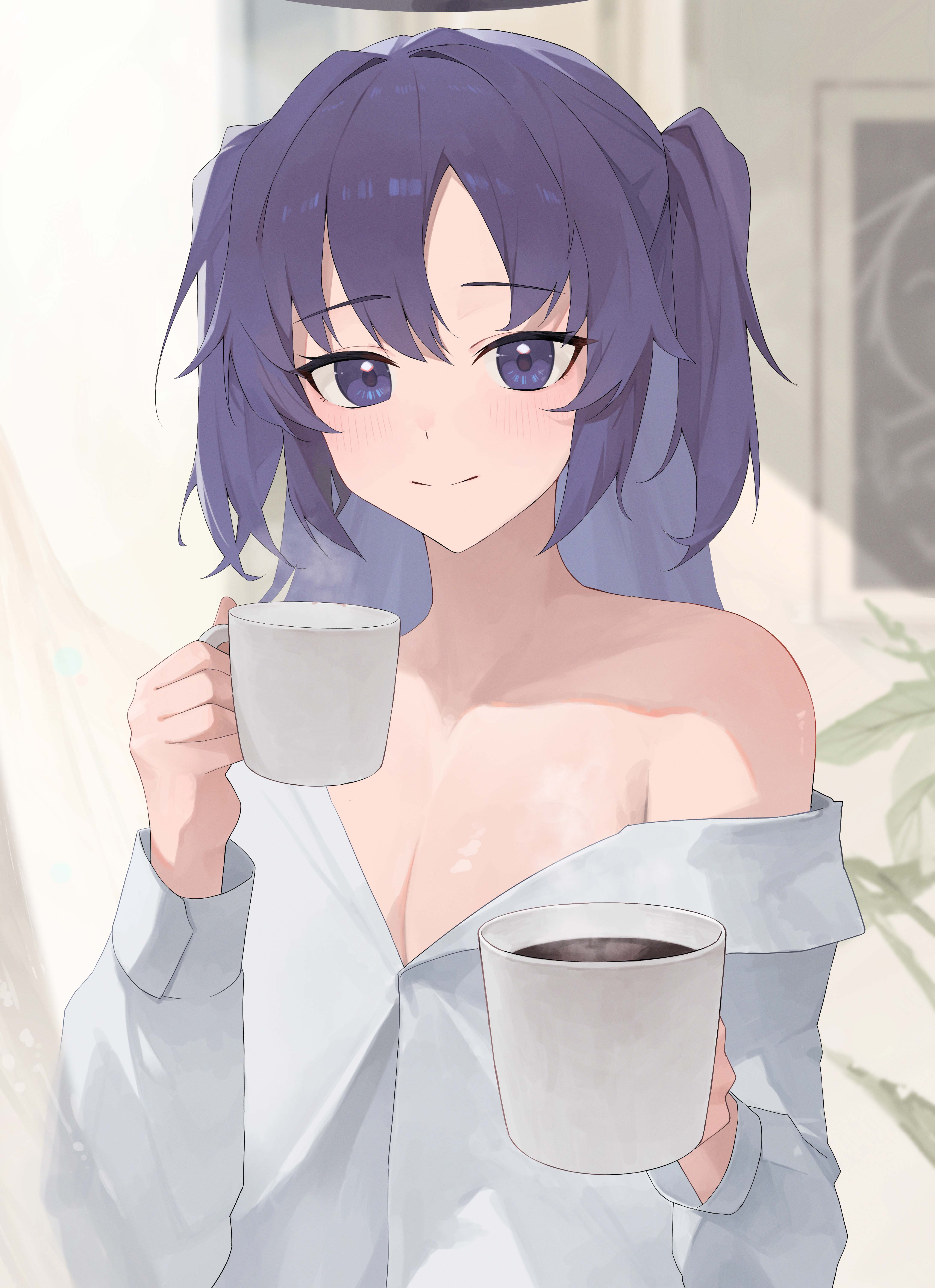 big breasts, blue archive, blush, breasts, coffee, cup, female, halo, looking at viewer, millennium science school student, randouworks, shirt, very high resolution, video game character, yuuka (blue archive)