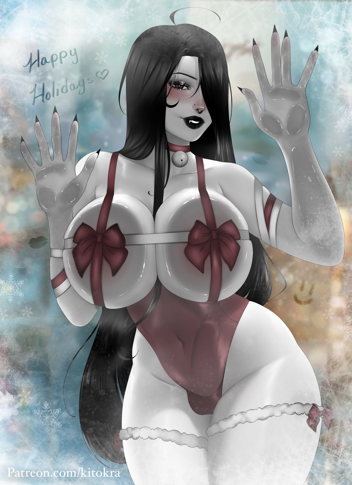 1futa, against glass, against surface, alternate version available, artist name, big breasts, black hair, breast press, breasts, covered nipples, futa only, futanari, hair over one eye, intersex, kit (kitokra), kitokra (artist), long hair, nose piercing, pale skin, pale-skinned female, piercing, septum piercing, septum ring, solo