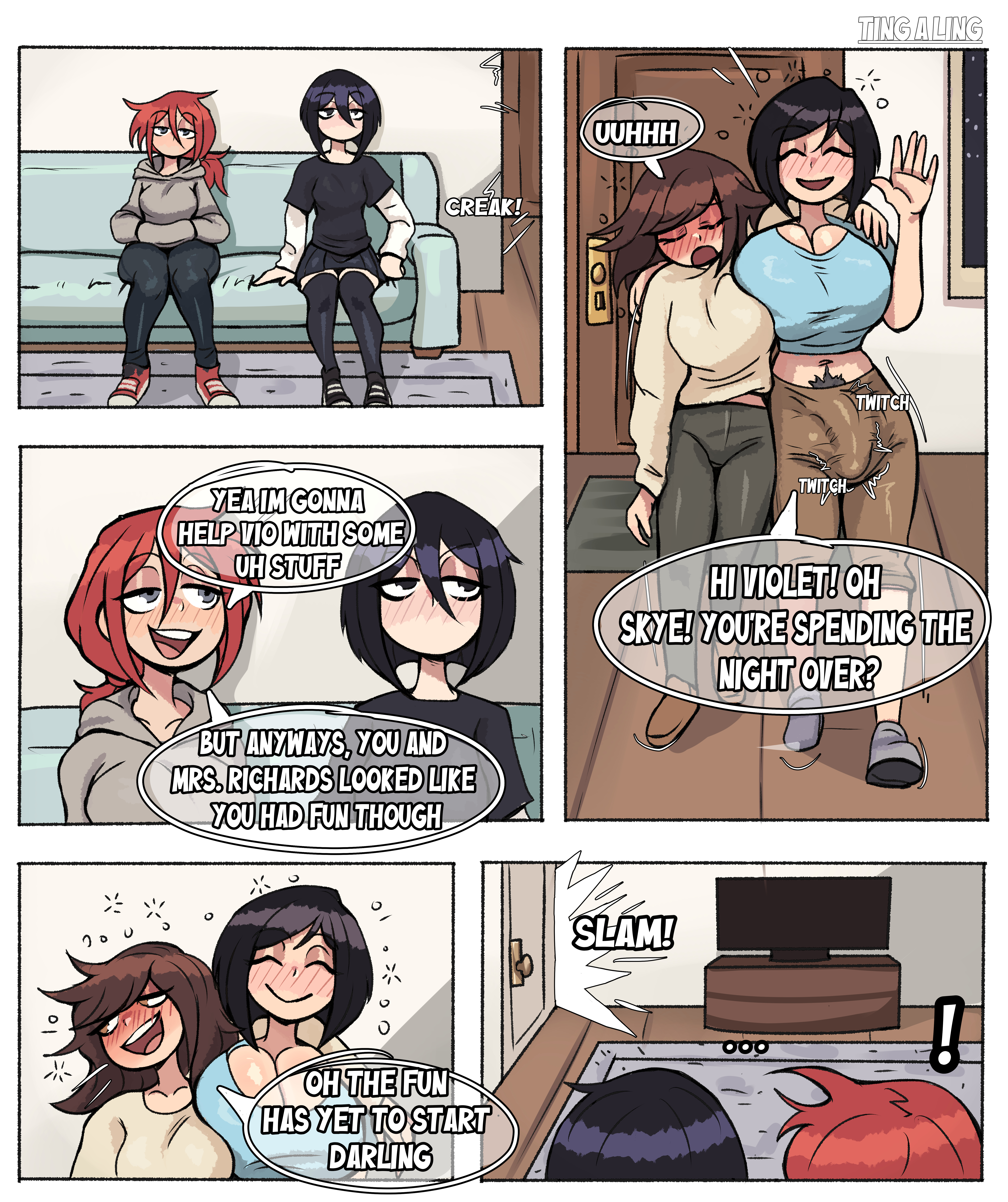 balls, black hair, bob cut, breasts, brown hair, bulge, closed eyes smile, clothed, clothing, comic, curved to the right penis, erection under clothes, female, female pubic hair, fully clothed, futa with female, futanari, huge balls, huge breasts, huge cock, imminent sex, implied futa, implied sex, intersex, mature female, milf, nora (tingalinguy), original characters, penis, pubic hair, pubic hair peek, red hair, selena (tingalinguy), skye (tingalinguy), tingalinguy, violet (tingalinguy)