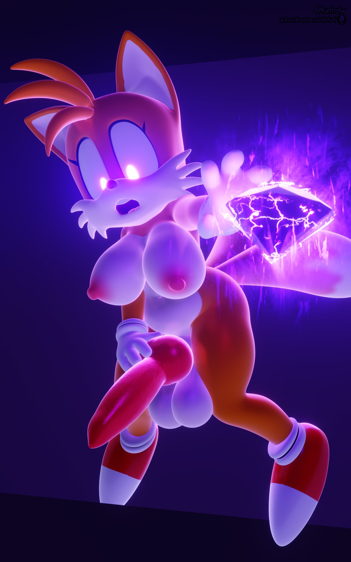 2023, 3d, after transformation, anthro, chaos emerald, footwear, footwear only, furfnsfw, furry, futa transformation, futanari, handwear, handwear and footwear only, handwear only, implied transformation, intersex, male, male to futa, mostly nude, post-transformation, sonic (series), tagme, tails the fox, tailsko, transformation