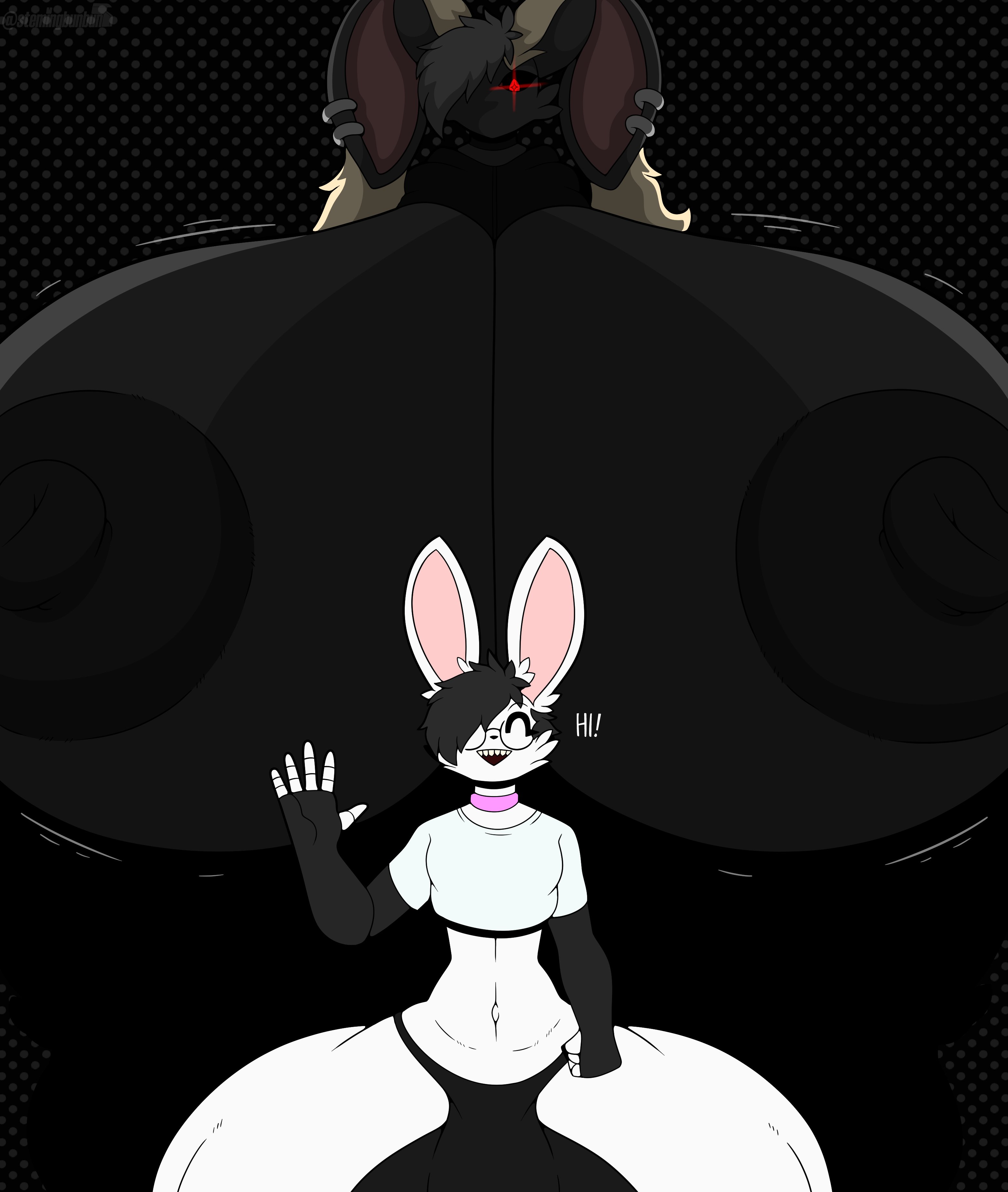 1boy, 1boy1girl, 1girls, absurd res, areolae, arm warmers, big areola, big breasts, big nipples, big thighs, black areola, black body, black skin, breasts, bulge, bulge through clothing, choker, crop top, ear piercing, female, femboy, gigantic breasts, gigantic thighs, hair over one eye, hard nipples, hi res, huge areolae, huge breasts, huge nipples, huge thighs, hyper breasts, hyper bulge, hyper thighs, imminent sex, lagomorph, lagomorph humanoid, lopunny, male, massive breasts, massive thighs, nintendo, nipples, piercing, pokemon, pokemon (species), pokemon dppt, rubi (stemingbunbun), stemingbunbun, stemingbunbun (character), tagme, thighs, thong, useless clothing, white body, white shirt, white skin
