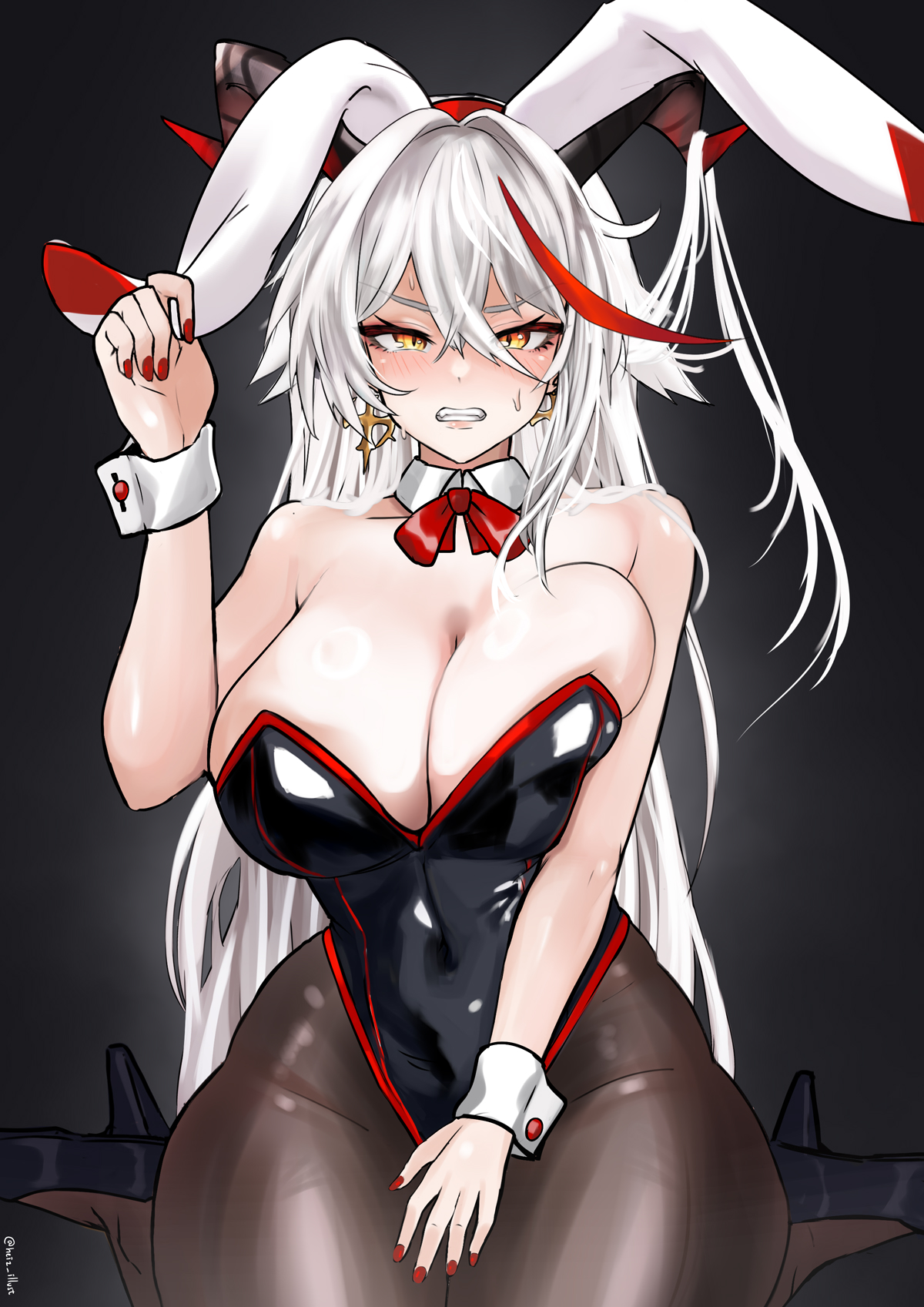 1girls, aegir (azur lane), angry, annoyed, azur lane, blush, breasts, cleavage, earrings, fake animal ears, fake rabbit ears, female, female only, heiz illust, horns, huge breasts, iron blood (azur lane), light skin, light-skinned female, nose blush, painted nails, red hair, red nails, secretly loves it, solo, two-tone hair, white hair, wrist cuffs, yellow eyes