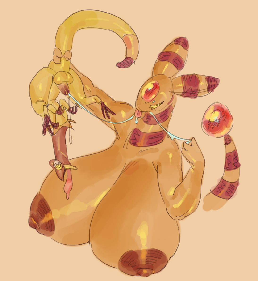 1boy, 1girls, ampharos, cum, gigantic breasts, heliolisk, honhearthy, lagopuss, nipples, pokemon, pokemon (species), puffy nipples, simple background, small penis, small penis adoration, tail, tongue, tongue out, yellow body, yellow skin