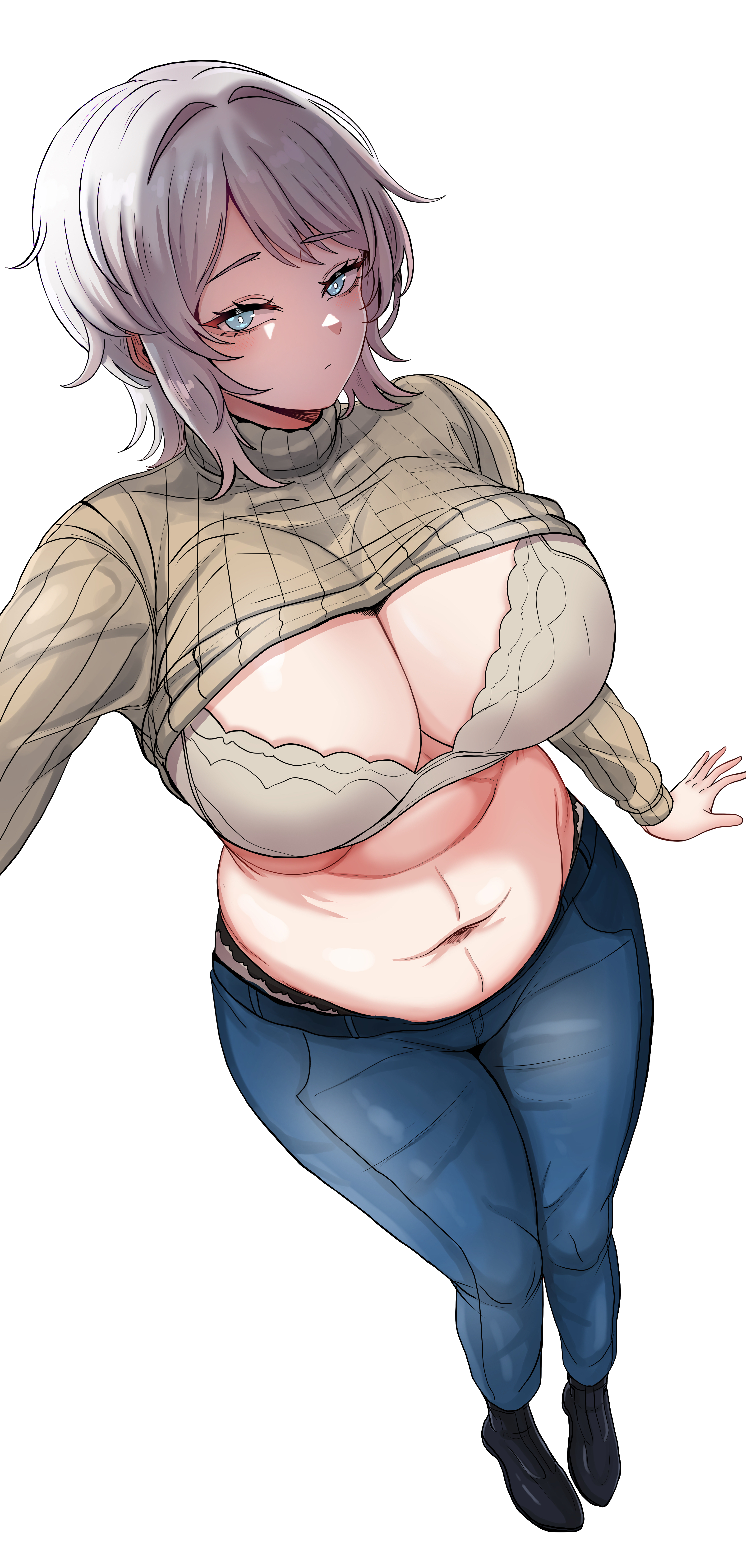 artist request, belt, black footwear, blue eyes, blue pants, blush, bra, breasts, brown sweater, cg, cleavage, closed mouth, clothes lift, denim, faust (limbus company), female, from above, full body, grey bra, grey hair, jeans, large breasts, limbus company, long sleeves, looking at viewer, navel, pants, project moon, ribbed sweater, short hair, simple background, solo, standing, stomach, sweater, sweater lift, turtleneck, turtleneck sweater, underwear, white background, white bra