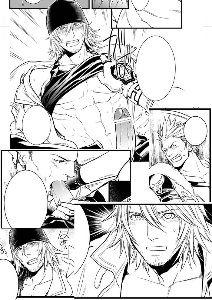 censored comic doujin final_fantasy final_fantasy_xiii gadot gay male male_only monochrome oral penis snow_villiers tagme yaoi