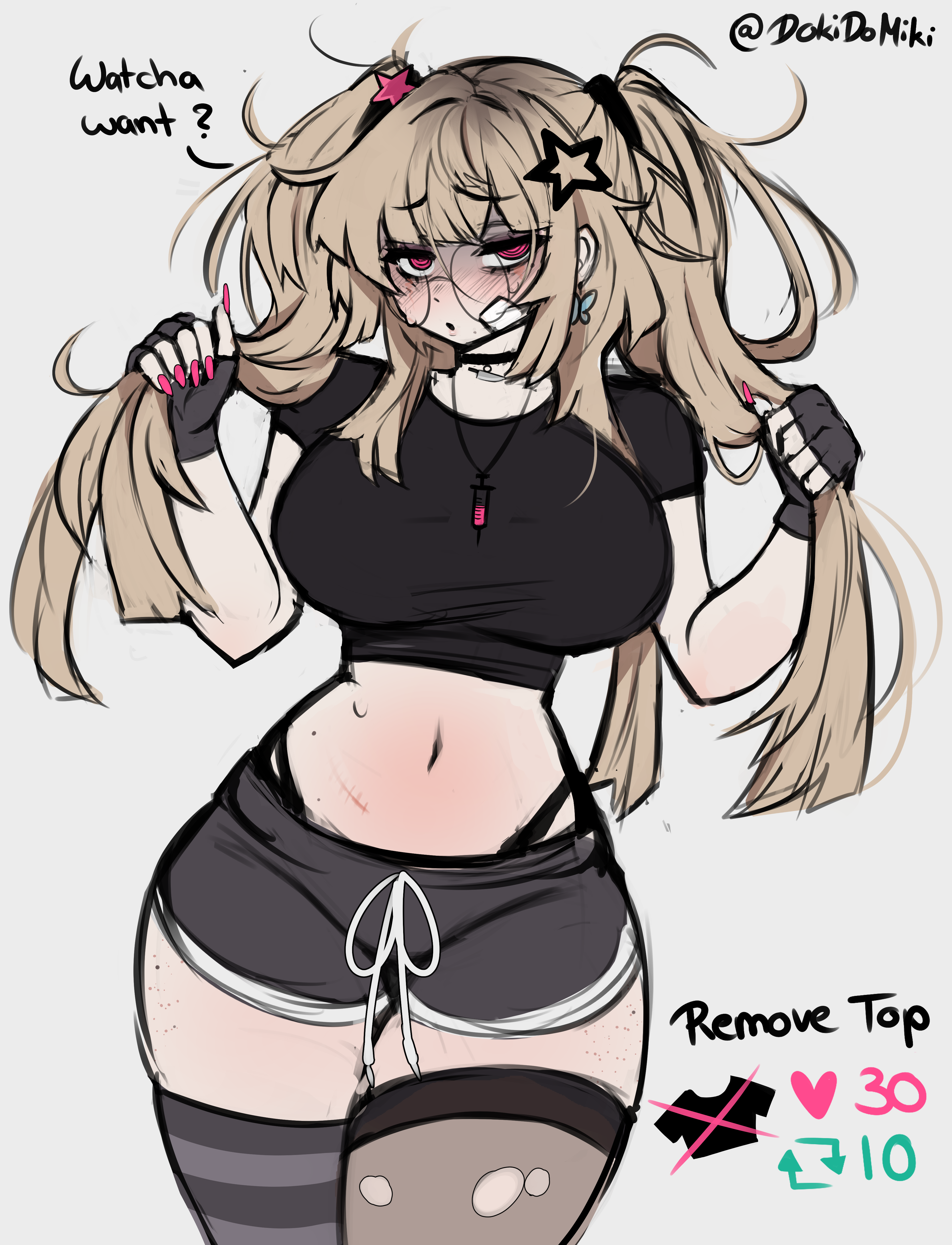 female thighhighs solo_female crop_top blonde_hair yandere bandage tummy scar long_nails 1girls thick_thighs solo twintails miki_(dokidomiki) mismatched_legwear light_skin necklace female_only ripped_clothing pink_nails dokidomiki glasses dolphin_shorts thighs fingerless_gloves eyebags light-skinned_female