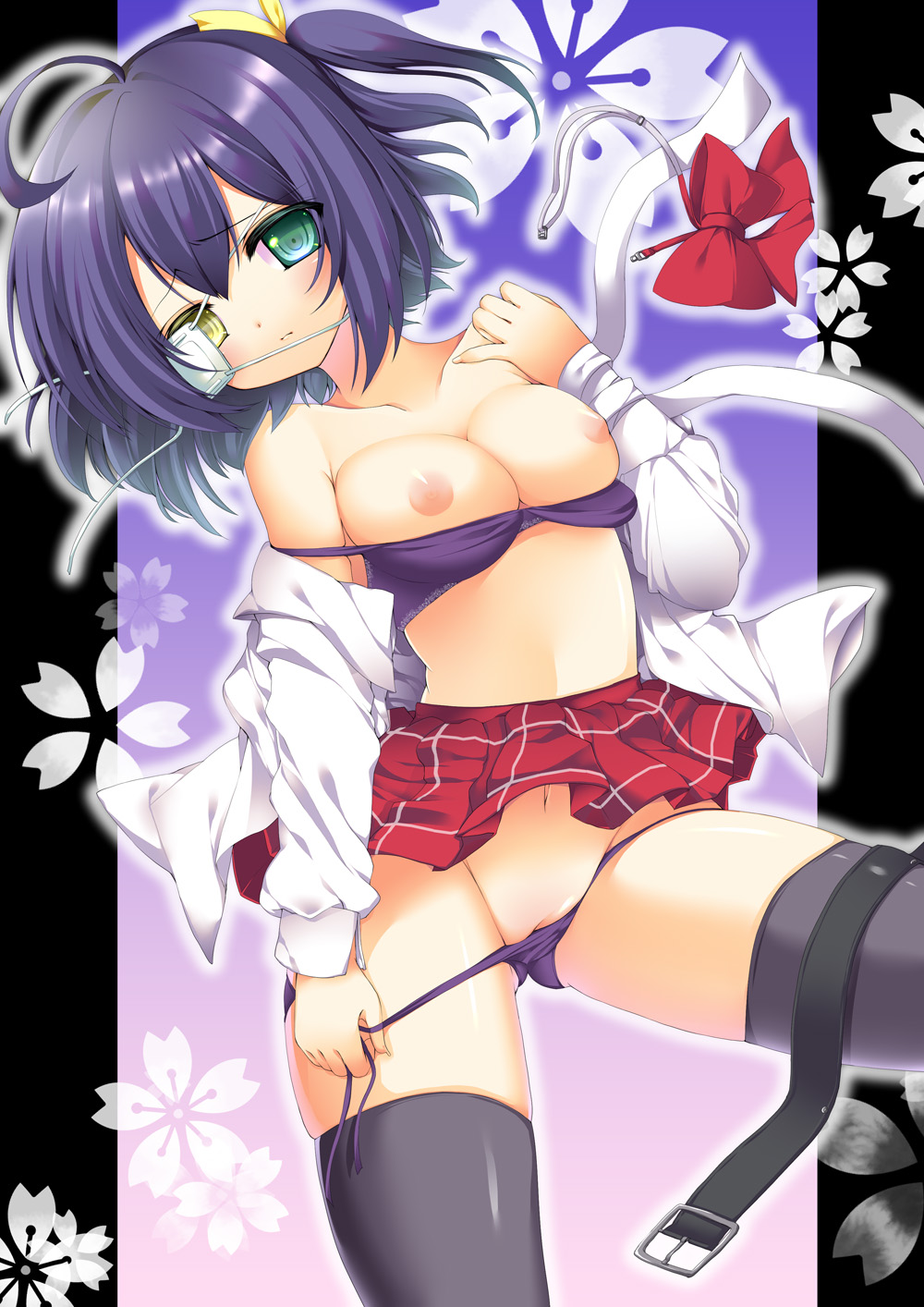 1girls ahoge belt black_hair black_legwear blush bow bra bra_pull breasts buckle chuunibyou_demo_koi_ga_shitai! eye_patch eyepatch_pull female flower green_eyes heterochromia highres kashiwagi_yun kayamutou legwear medium_breasts navel nipples open_clothes open_shirt panties panty_pull purple_bra purple_hair purple_panties pussy ribbon school_uniform shirt short_hair side-tie_panties side_ponytail skirt solo strap_slip takanashi_rikka thighhighs underwear undressing yellow_eyes