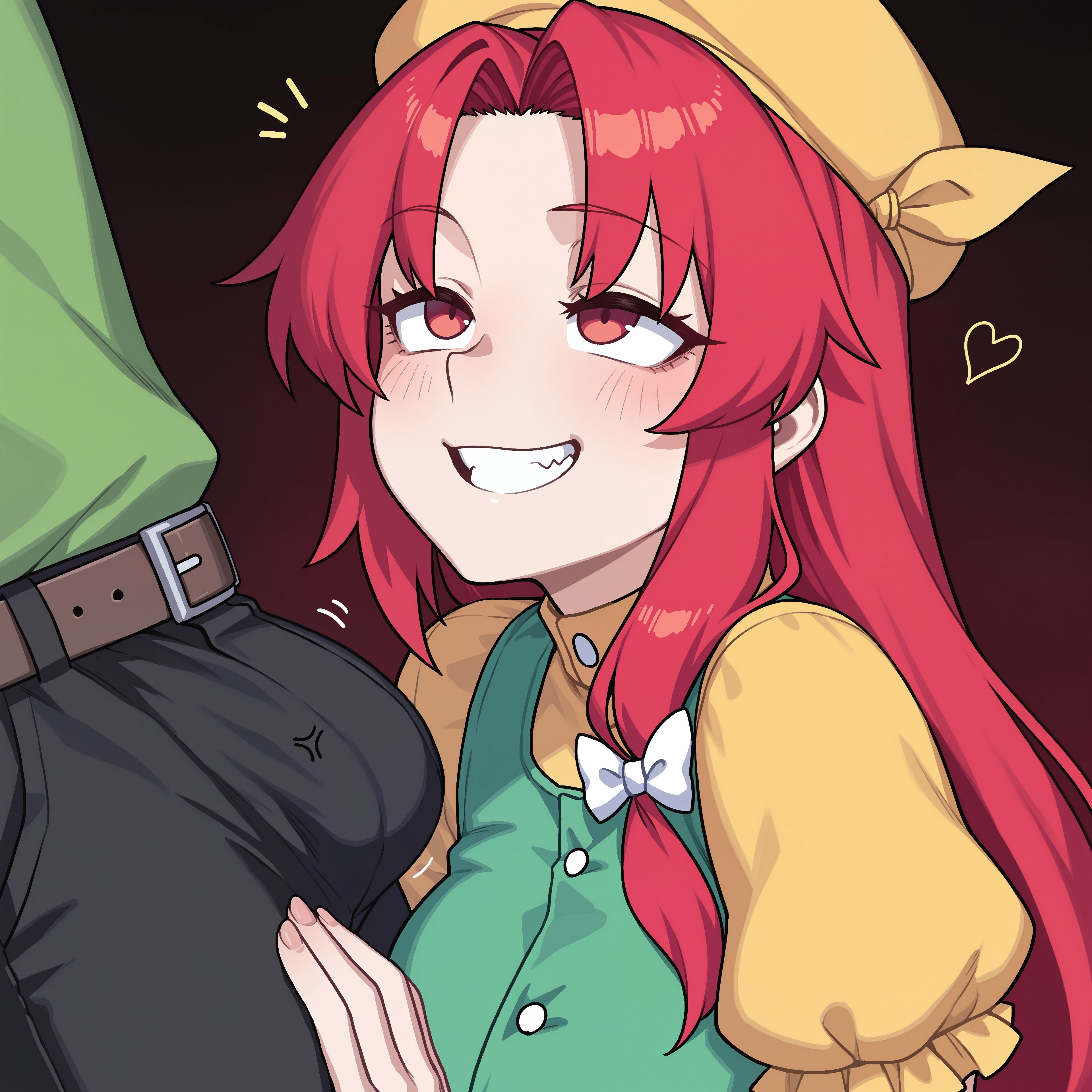 1boy, 1boy1girl, 1girls, 2d, ai generated, anger vein, belt, black pants, brat, breasts, bulge, bulge under clothes, civitai, clothed, clothed female, clothed male, duo, dutch angle, erection under clothes, female, female focus, getting erect, gradm, green shirt, green vest, hair ribbon, hand on another's thigh, hat, heart, heart around head, long hair, looking at another, looking up, male, mesugaki, mob cap, naughty face, open mouth, open smile, orange (touhou), penis, puffy short sleeves, red eyes, red hair, self upload, smug, straight, teasing, teasing penis, touhou, touhou (pc-98), yellow shirt