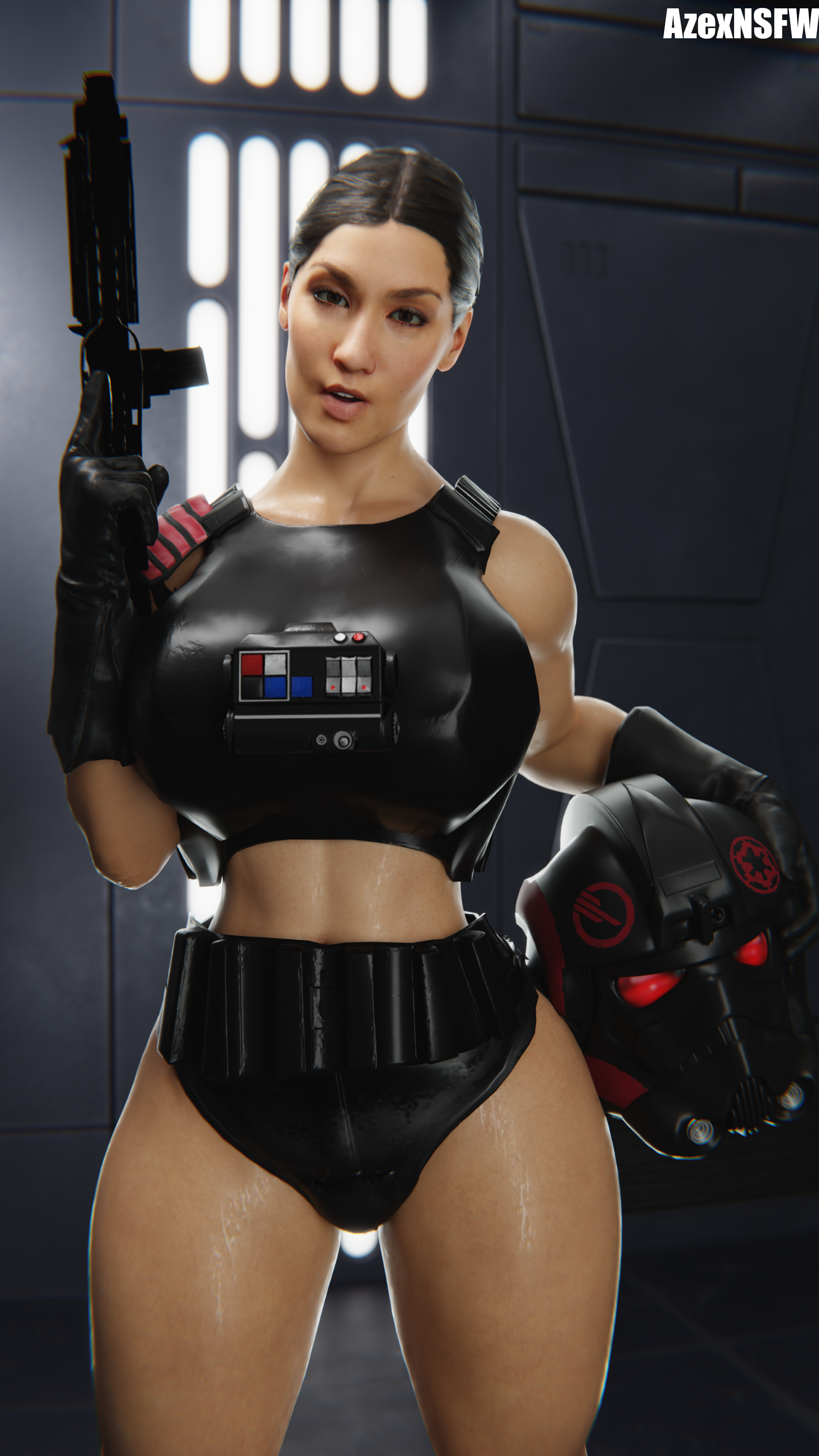 1girls, 3d, armor, armored female, azexnsfw, big breasts, black hair, blaster (star wars), blender, breasts, brown eyes, chest armor, clothed, female, female focus, female only, fit, fit female, gloves, helmet, holding helmet, iden versio, indoors, light skin, light-skinned female, looking at viewer, pinup, posing, posing for the viewer, short hair, solo, solo female, solo focus, star wars, star wars: battlefront 2, voluptuous, voluptuous female