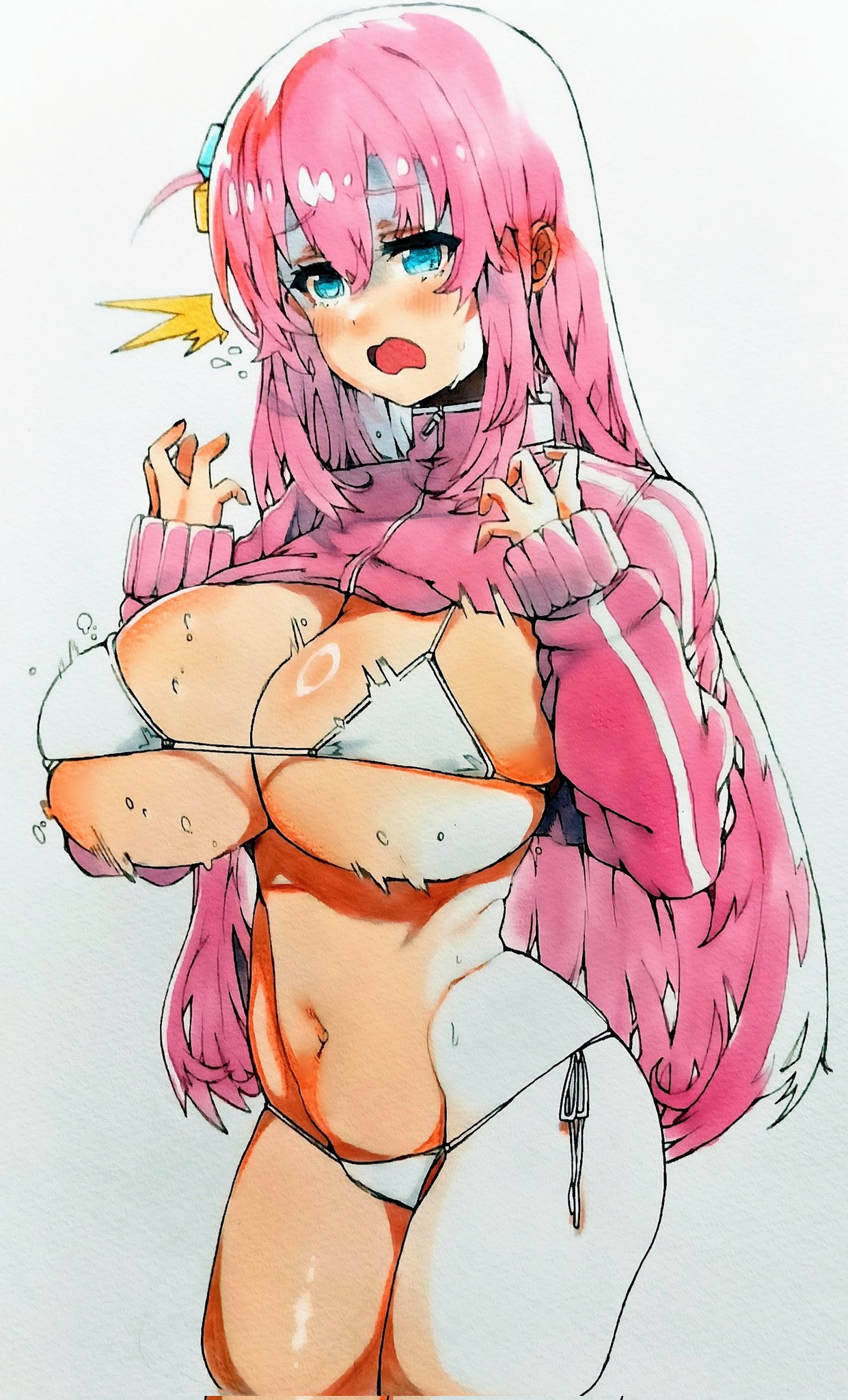 1girls, alternate breast size, big breasts, bikini, bocchi the rock!, breasts, busty, curvaceous, curvy, curvy body, curvy female, curvy figure, female, female only, gotou hitori, huge breasts, large breasts, pink hair, solo, subspiweek, thick thighs, thighs, voluptuous, white bikini