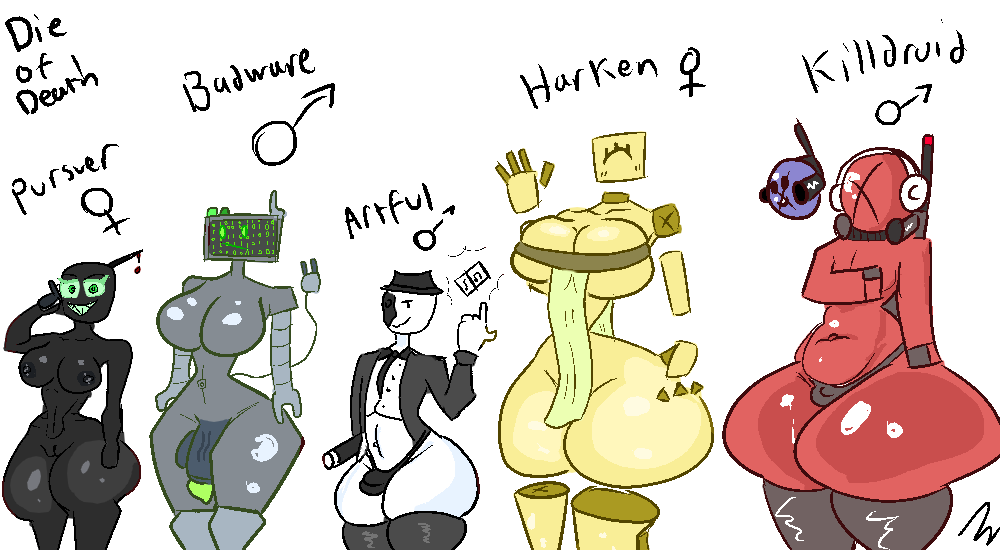 artful (die of death), badware (die of death), balls, breasts, bulge, busty male, character sheet, chubby, die of death (roblox), featureless breasts, female, futanari, harken (die of death), intersex, killdroid (die of death), male, nipples, penis, pursuer (die of death), pussy, roblox, roblox game, self upload, standing, therandombee, thick thighs, tummy