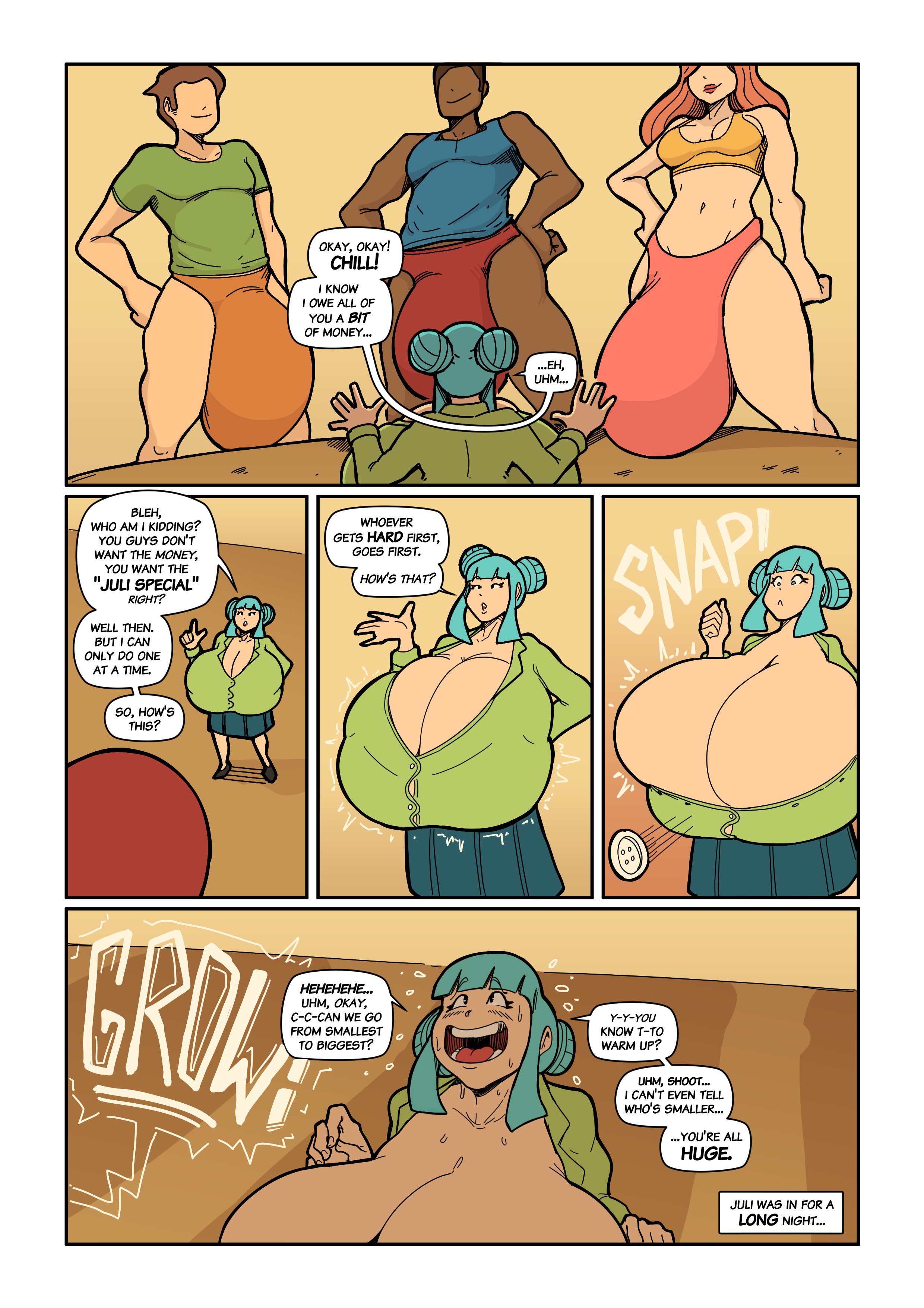 1futa, 1girls, 2boy, big bulge, breast expansion, breast growth, breast growth (enlargement), breasts, breasts bigger than head, breasts bigger than torso, bulge, bursting breasts, button pop, comic page, english text, enormous breasts, female, futanari, huge cock, hyper, hyper breasts, hyper penis, intersex, julissa (lucy fuchs), light skin, light-skinned female, long hair, lucy fuchs, male, micro female, panels, penis, penis longer than knee, popped button, sidelocks, small but busty, speech bubble, tagme, talking, teasing, text, worried