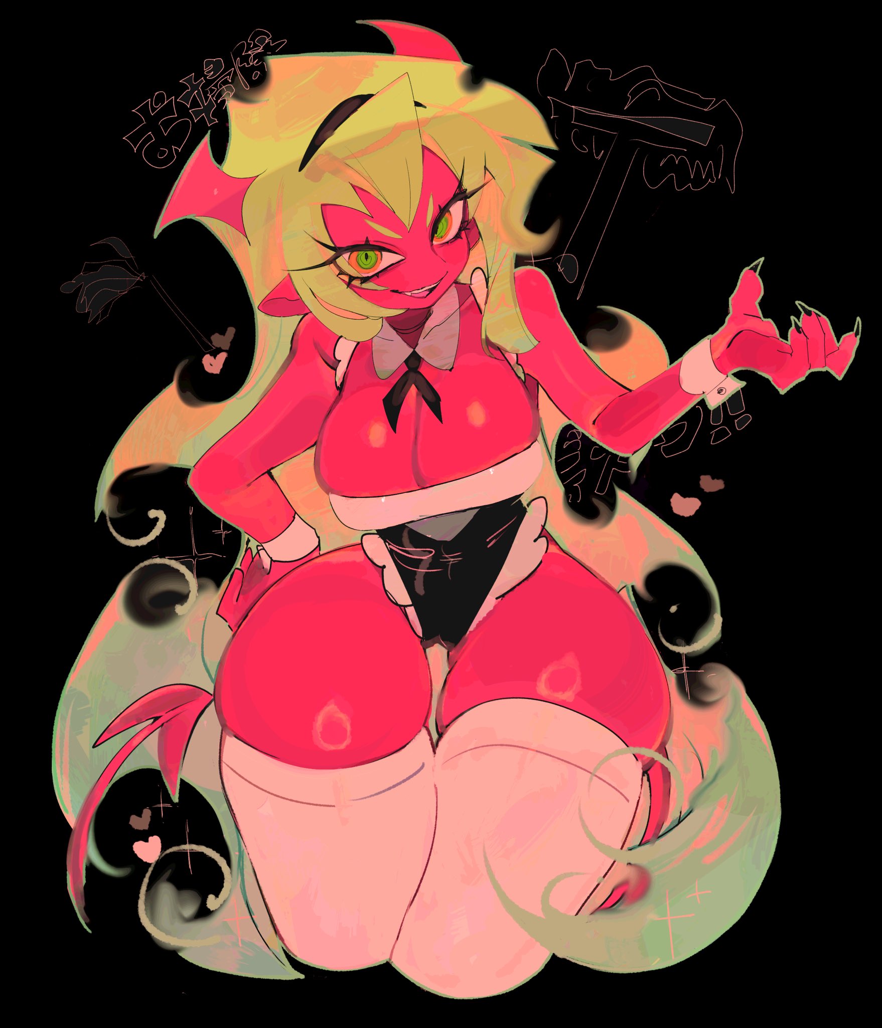 1girls, big breasts, big thighs, black background, bottom heavy, breasts, cleavage, clothed, clothing, color, demon, demon girl, demon horns, female, female focus, female only, green eyes, green hair, hair ornament, hi res, horns, hourglass figure, huge thighs, large breasts, large thighs, long hair, looking at viewer, maid, maid outfit, maid uniform, panty & stocking with garterbelt, red body, red skin, scanty daemon, sharp fingernails, shiny skin, solo, solo female, tagme, thick, thick thighs, thigh gap, thighhighs, thunder thighs, usa37107692, very long hair, wide hips