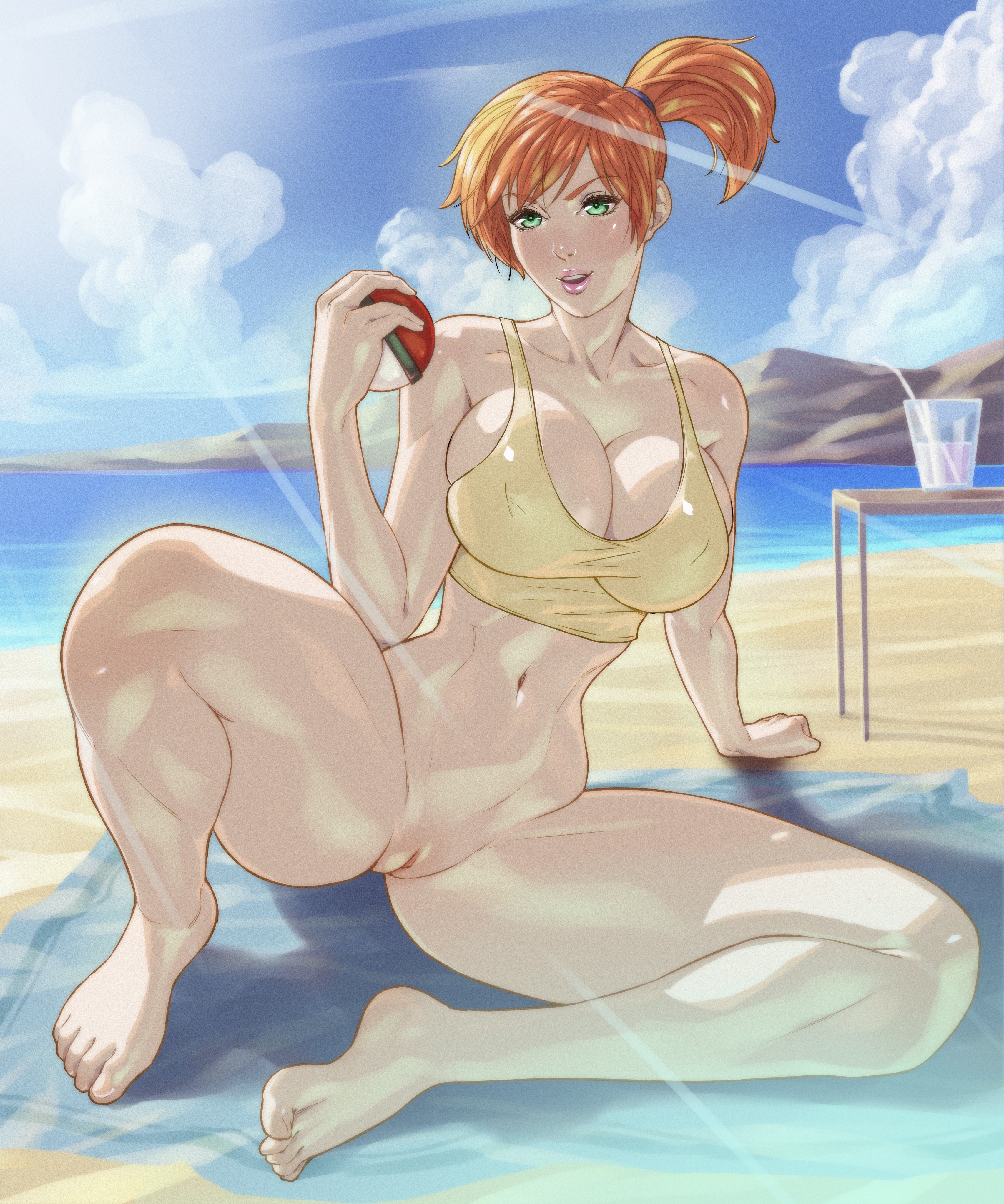 1girls, arttoru, barefoot, beach, big breasts, bottomless, breasts, clouds, drink, female, green eyes, kasumi (pokemon), legs apart, nude, ocean, orange hair, pokemon, ponytail, pussy, sand, solo, sunlight, table, thick thighs, tomboy, towel, voluptuous